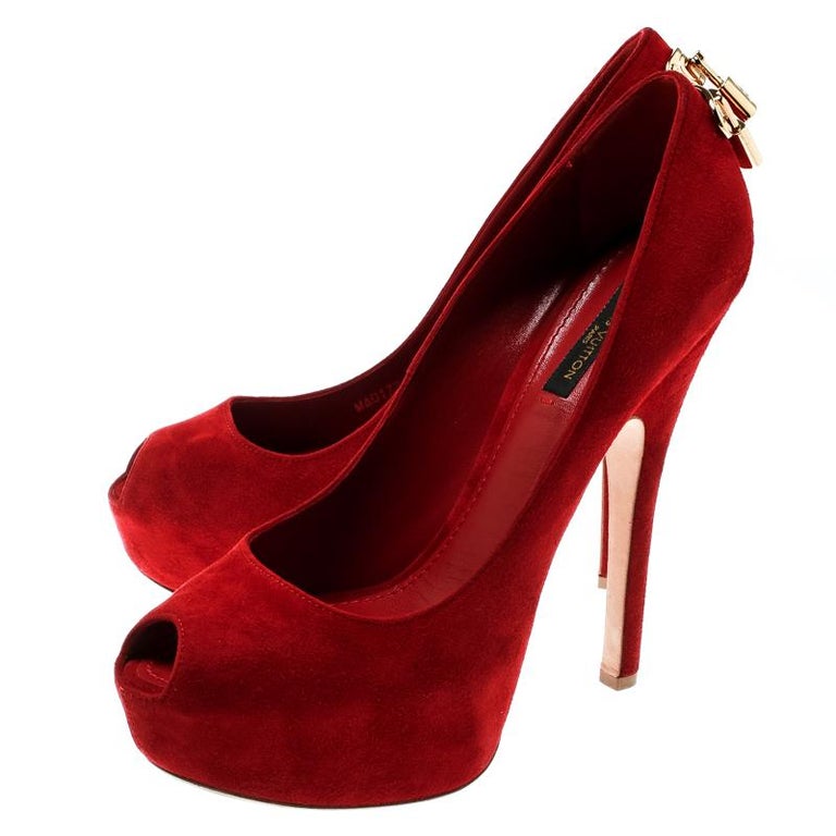 Louis Vuitton Red Suede Oh Really! Peep Toe Platform Pumps Size 38 For ...