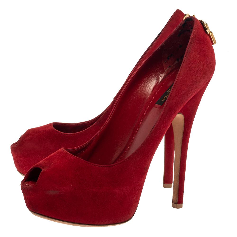 Louis Vuitton Red Suede Oh Really! Peep Toe Platform Pumps Size 39.5 2