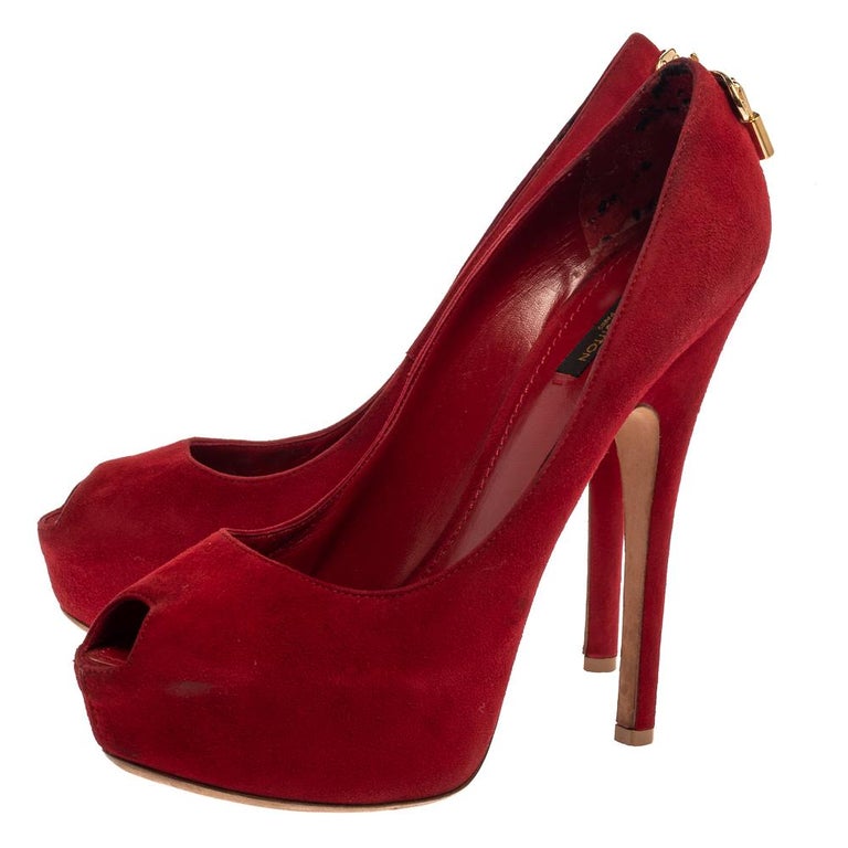 Louis Vuitton Red Suede Oh Really! Peep Toe Platform Pumps Size 39.5 at 1stDibs | louis vuitton pumps rote sohle, red vuitton shoes heels, red pumps