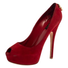 Louis Vuitton Red Suede Oh Really! Peep Toe Platform Pumps Size 39.5