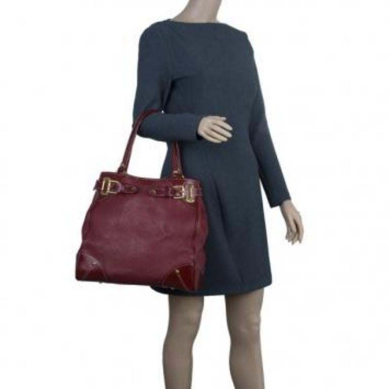 Elegante e chic, questa tote LV di colore rosso fa parte della collezione Suhali. Realizzata in pelle di capra, questa borsa è impreziosita da inserti in pelle liscia agli angoli, una targhetta identificativa in pelle e cinghie con fibbie dorate.