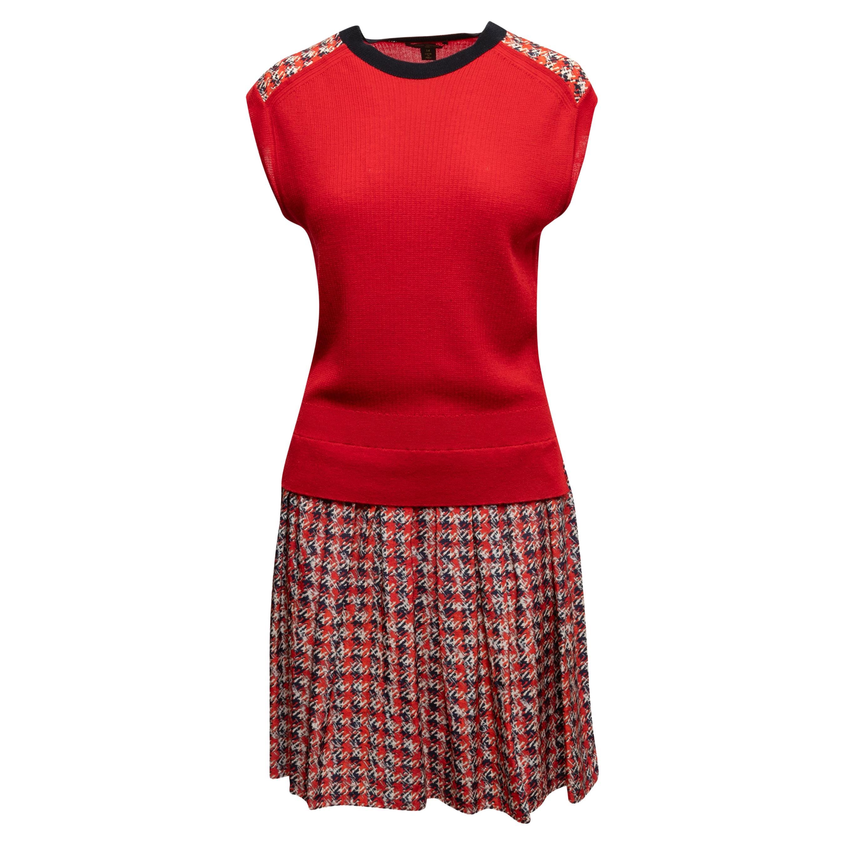 Louis Vuitton Red Wool Knit and Multicolor Print Silk Dress For Sale