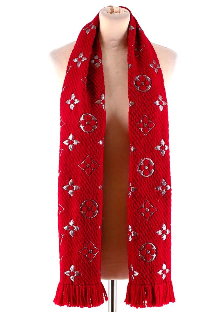 New Louis Vuitton Red Black Woven Fringe Scarf