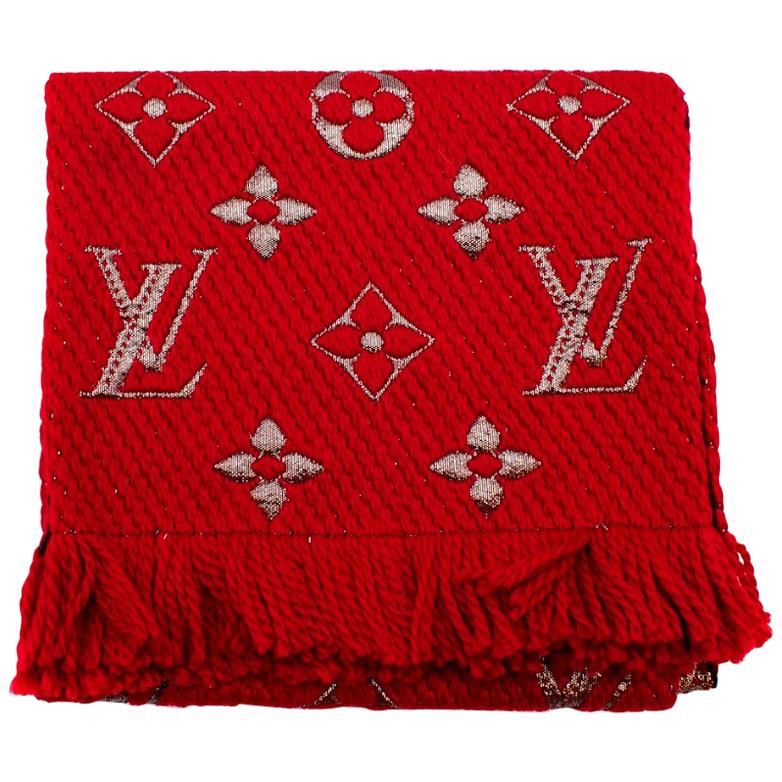 Louis Vuitton Red Wool & Silk Blend Logomania Shine Scarf
