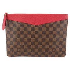 Used Louis Vuitton Red x Damier Ebene Daliy Pouch Toiletry Cosmetic Clutch 915lv59