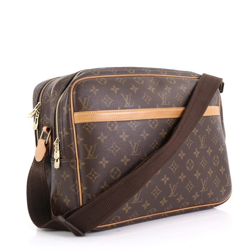 This Louis Vuitton Reporter Bag Monogram Canvas GM, crafted in brown monogram coated canvas, features an adjustable nylon shoulder strap, vachetta leather trim, and gold-tone hardware. Its two-compartment zip closures open to a beige canvas interior