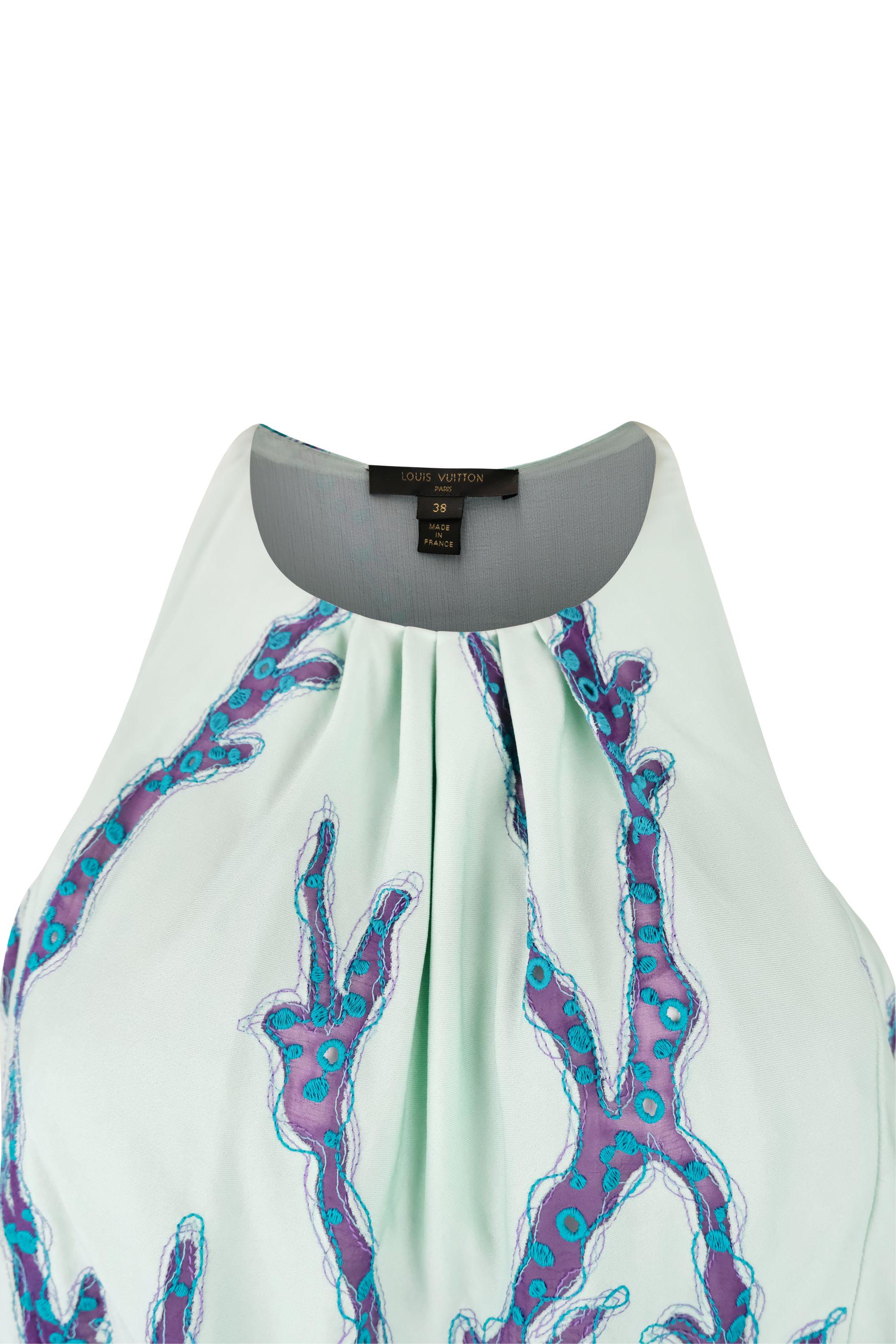 Louis Vuitton Resort 2015 Mini Vestido Bordado Coral Verde Espuma Azul en venta