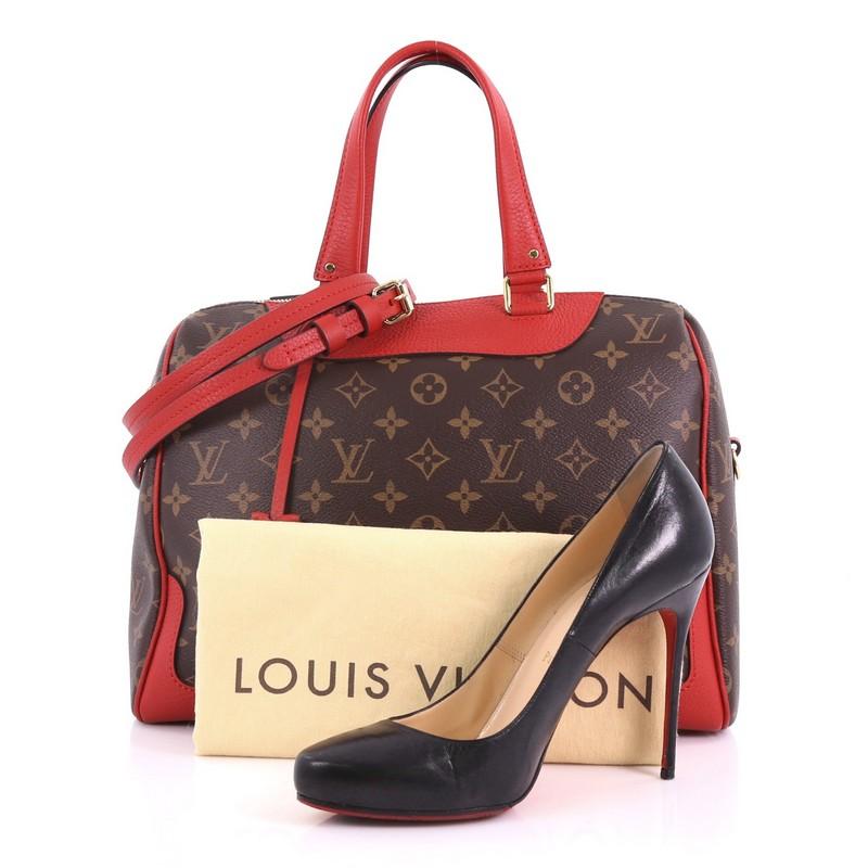 This Louis Vuitton Retiro NM Handbag Monogram Canvas, crafted in brown monogram coated canvas, features dual flat leather handles, cherry red leather trims, and gold-tone hardware. Its zip closure opens to a red microfiber interior with slip