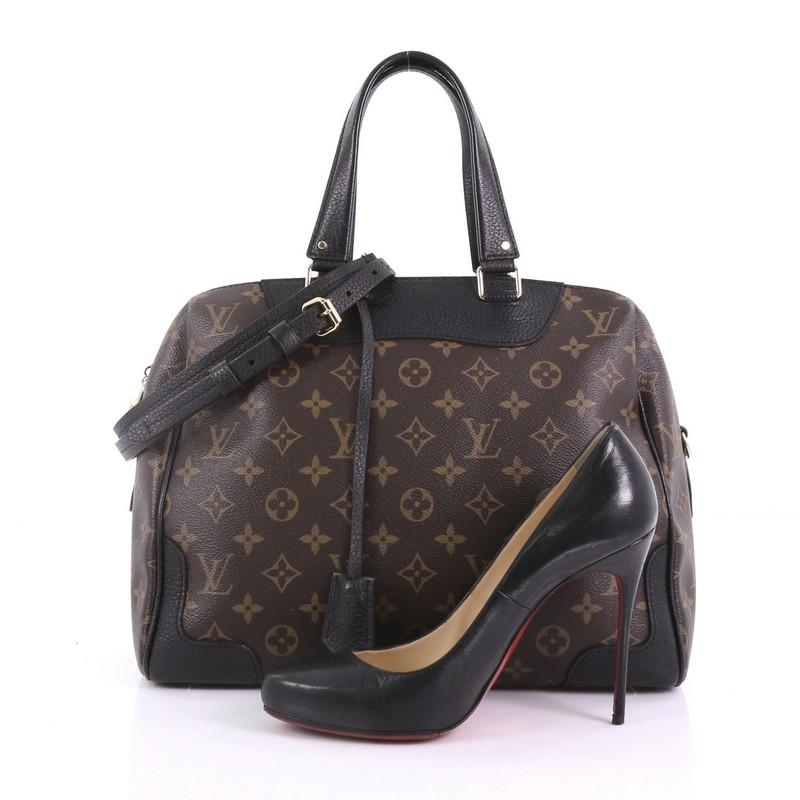 This Louis Vuitton Retiro NM Handbag Monogram Canvas, crafted in brown monogram coated canvas, features dual flat leather handles, black leather trims, and gold-tone hardware. Its zip closure opens to a black microfiber interior with slip pockets.