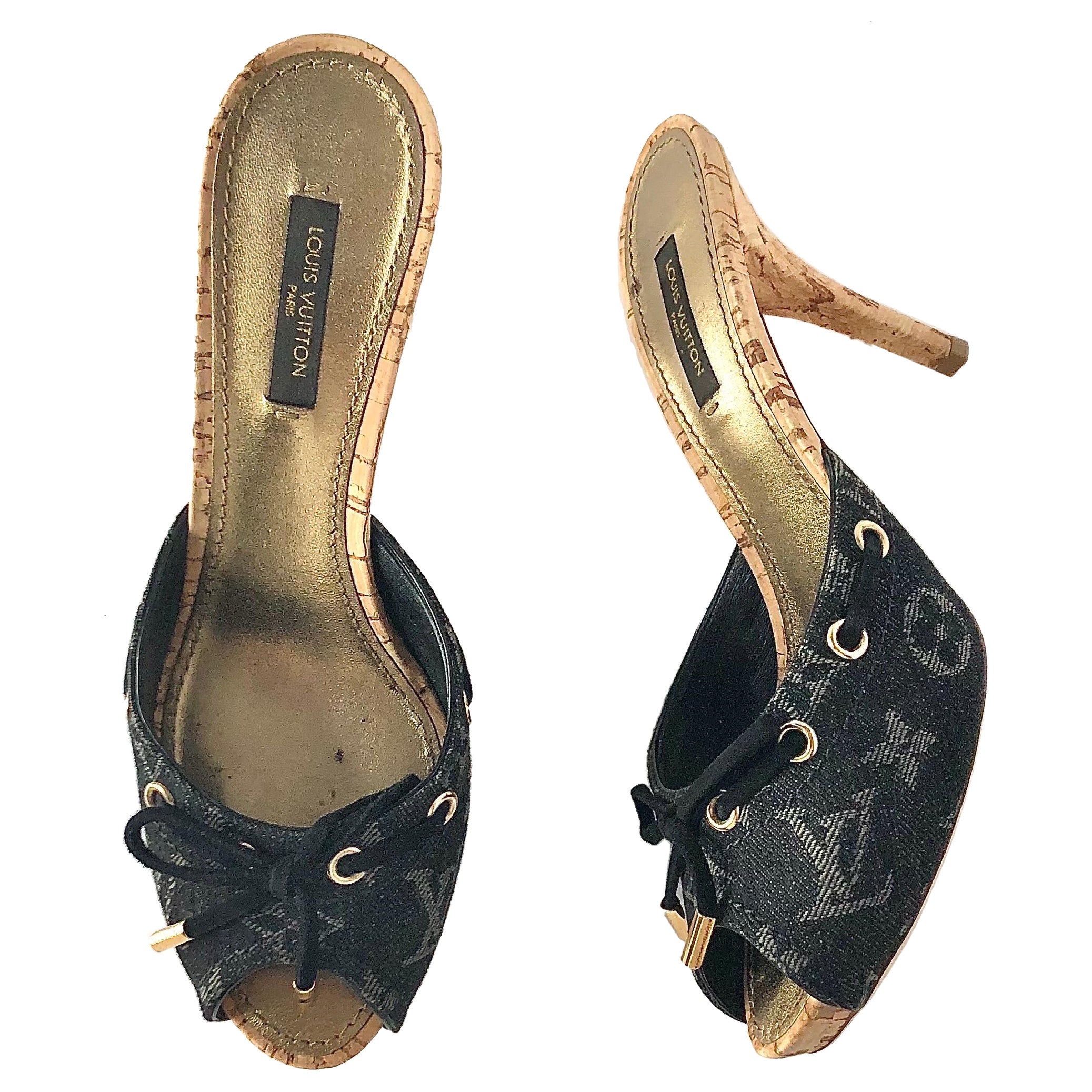 Louis Vuitton Retro Vintage Monogram Bow Denim Slides Mules Sandals 36.5