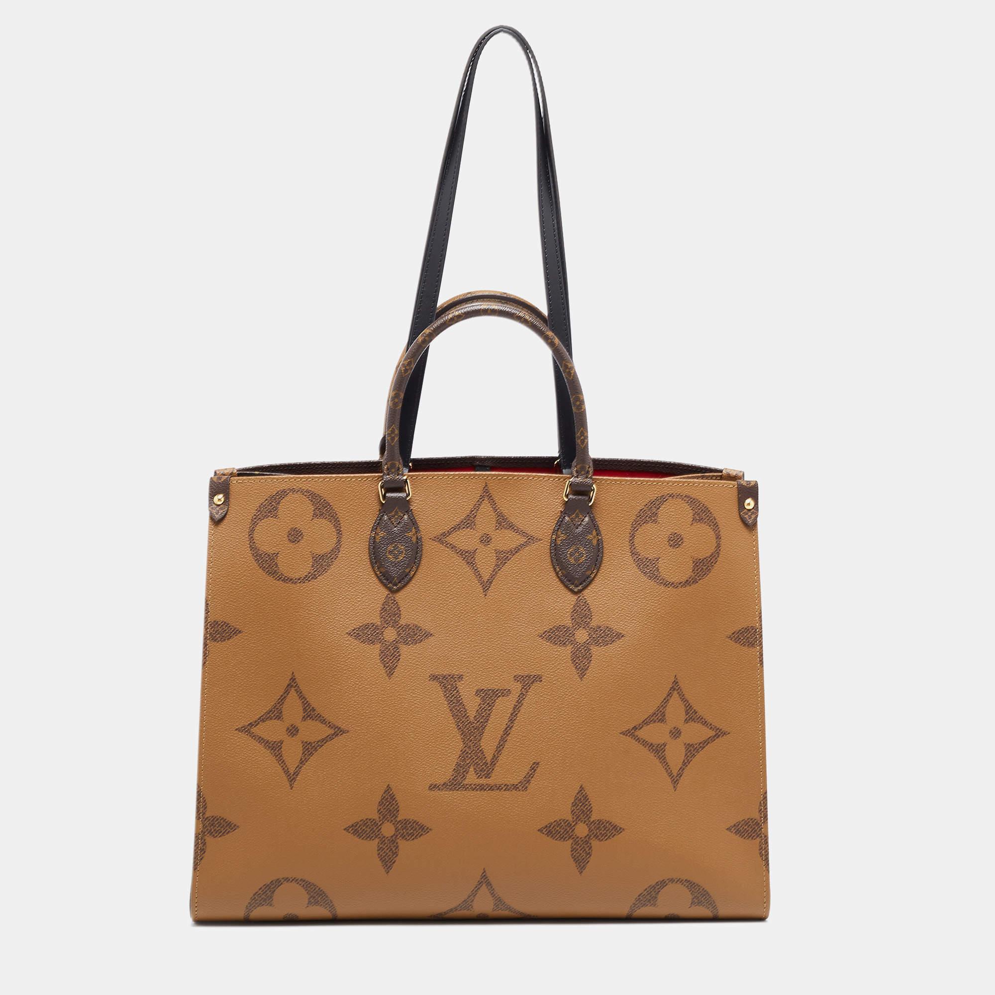 From Louis Vuitton’s Monogram Giant capsule collection comes this Onthego bag that presents the iconic pattern in a new style. It features the signature logo and flower motifs in a super-sized format. This creation is a structured tote with an