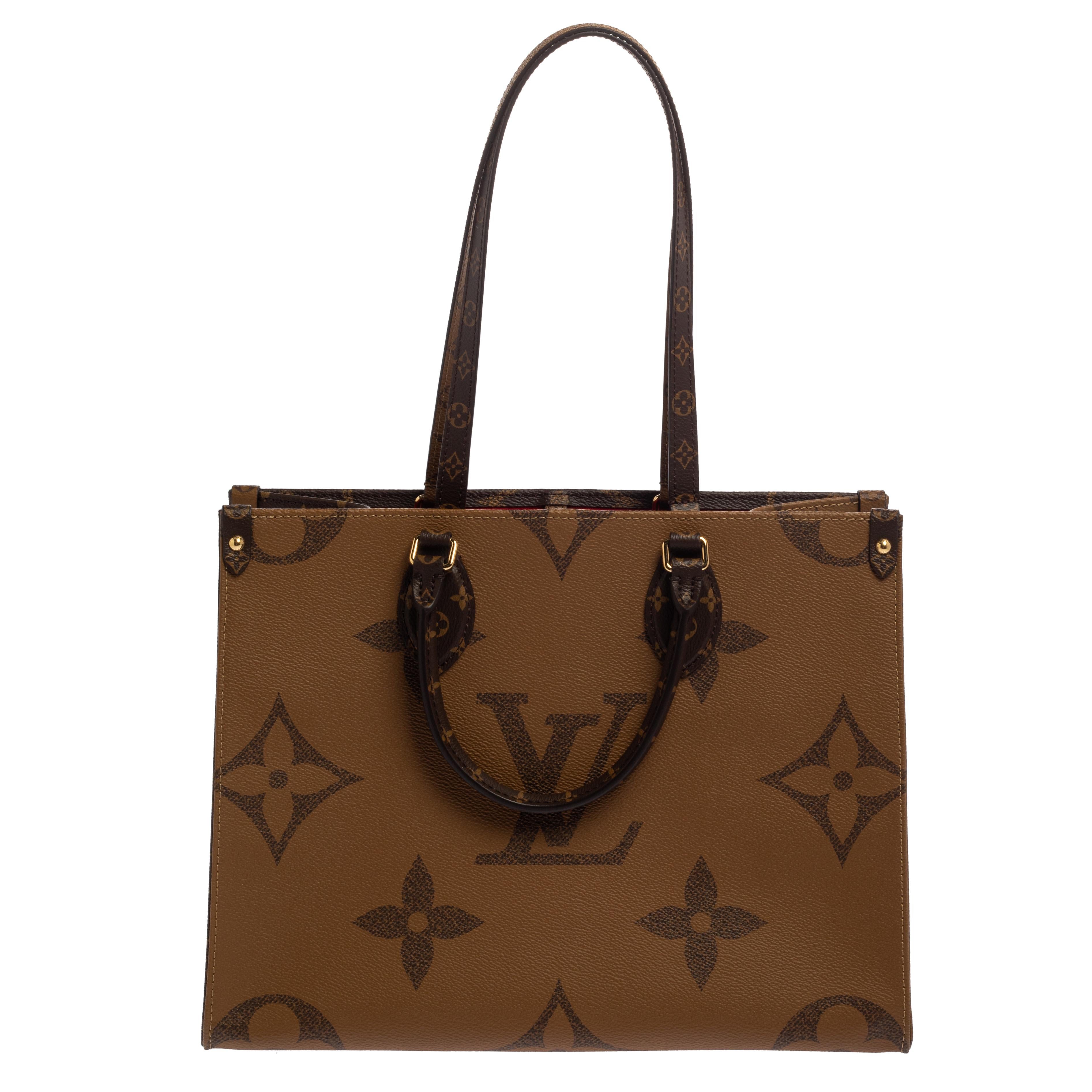 The Louis Vuitton Onthego bag is ideal for shopping sprees and daily commutes, with ample space for your essentials. The signature monogram canvas on one side and monogram reverse on the other gives the illusion of two bags in one. The top handles
