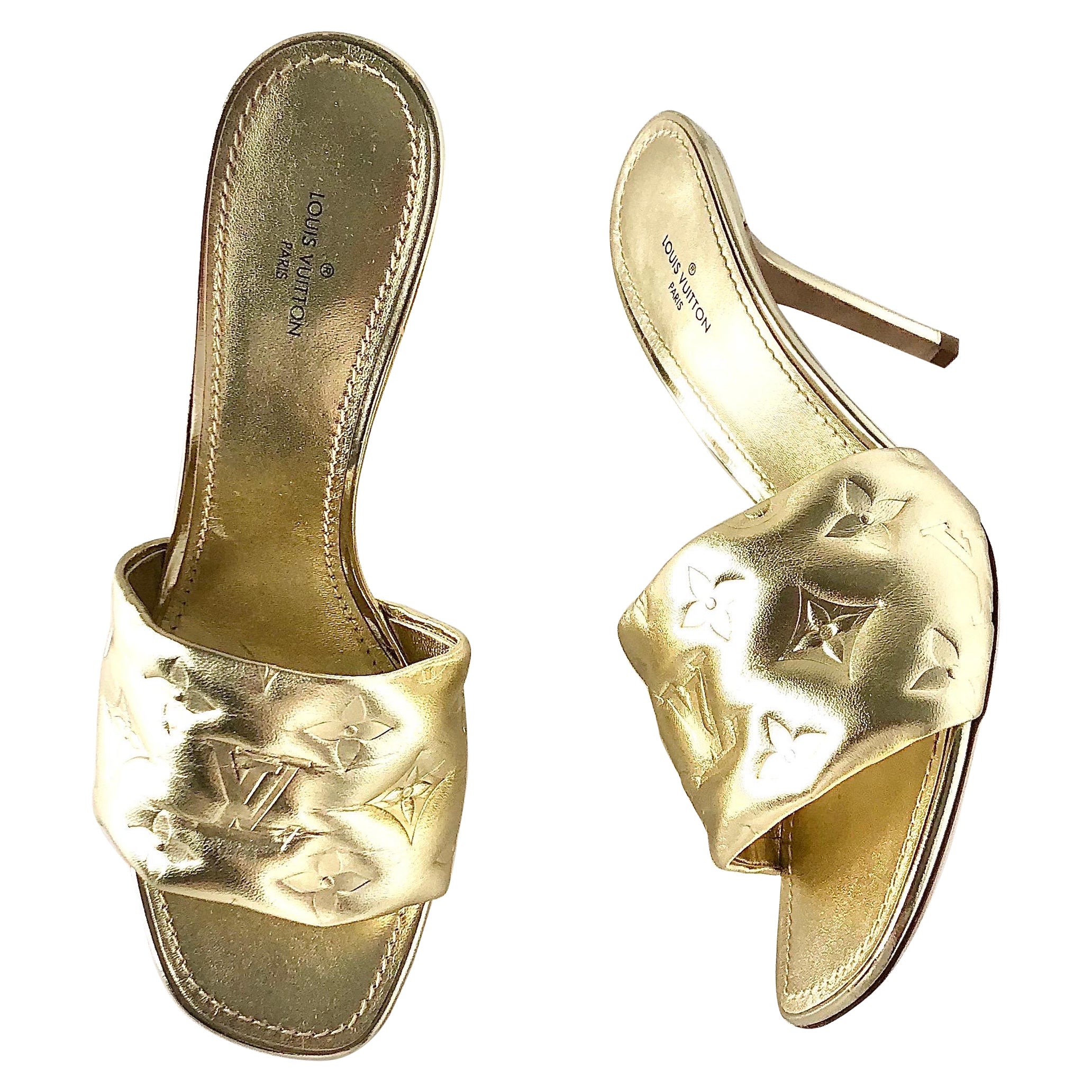 Louis Vuitton Revival Monogram Emboss Gold Leather Heeled Mules Sandals 38.5