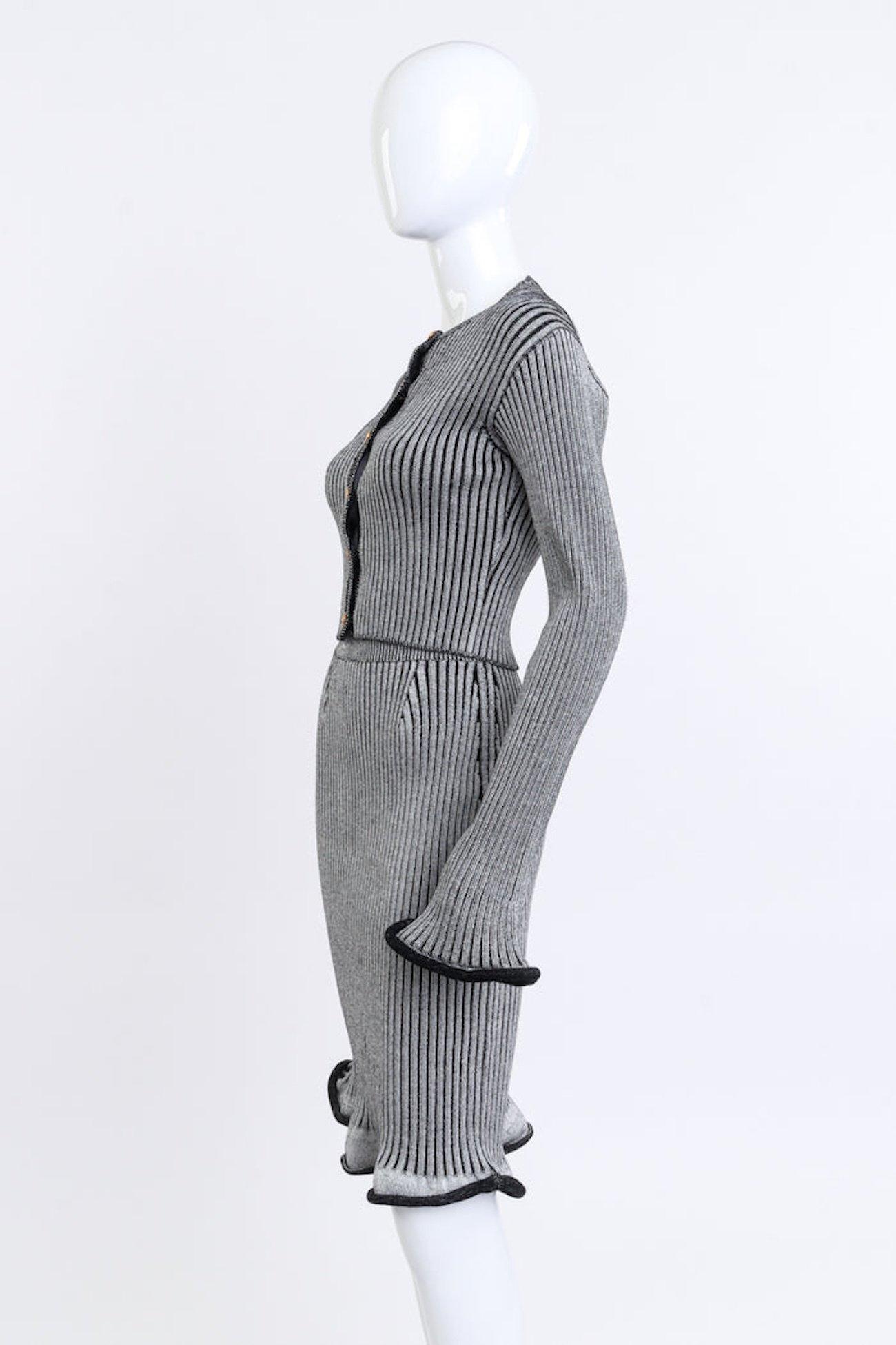Gray Louis Vuitton Ribbed Knit Trumpet Cardigan & Skirt Set (US 2-4) For Sale