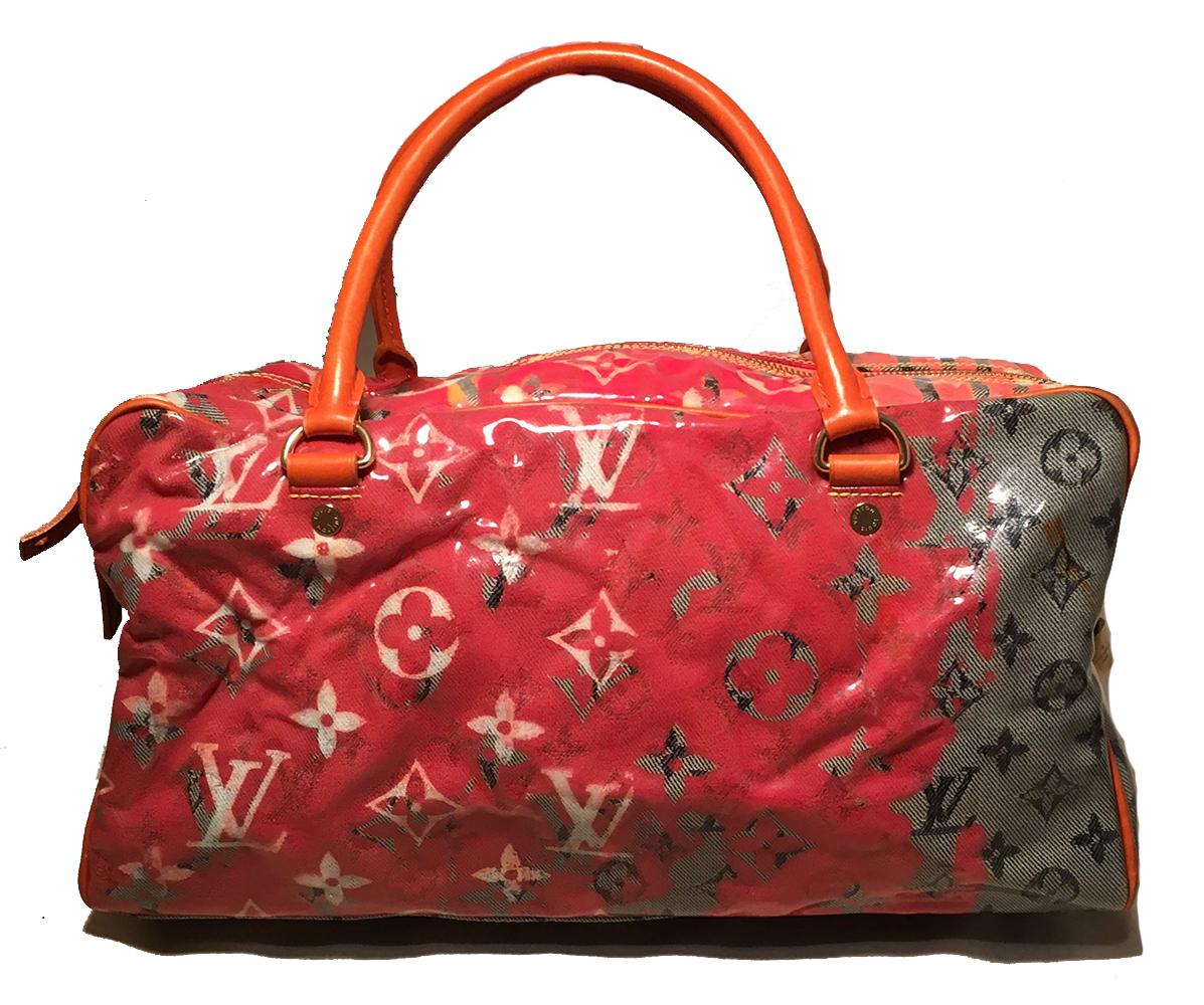 LOUIS VUITTON Richard Prince Pink Orange Denim Defile Weekender PM Pulp Bag in very good condition. Richard prince and Marc Jacobs collaboration c2008 runway. Stonewashed monogram denim with multicolor watercolor in orange and pink. Coated for water