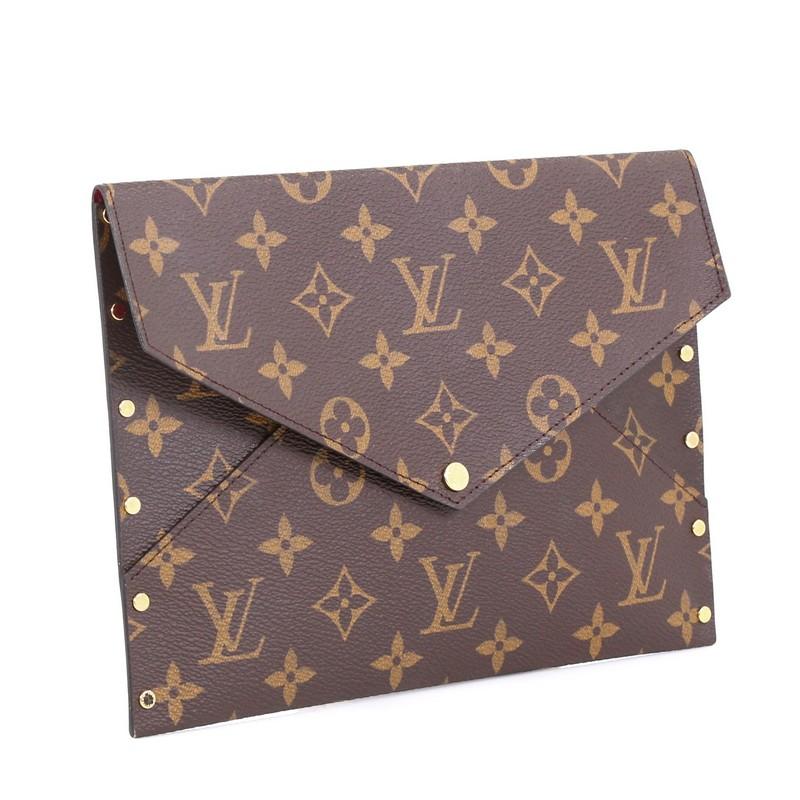 This Louis Vuitton Rivets Envelope Monogram Canvas, crafted from brown monogram coated canvas, features an envelope silhouette and gold-tone hardware. Its snap button closure opens to a red leather interior. Authenticity code reads: RI0136.