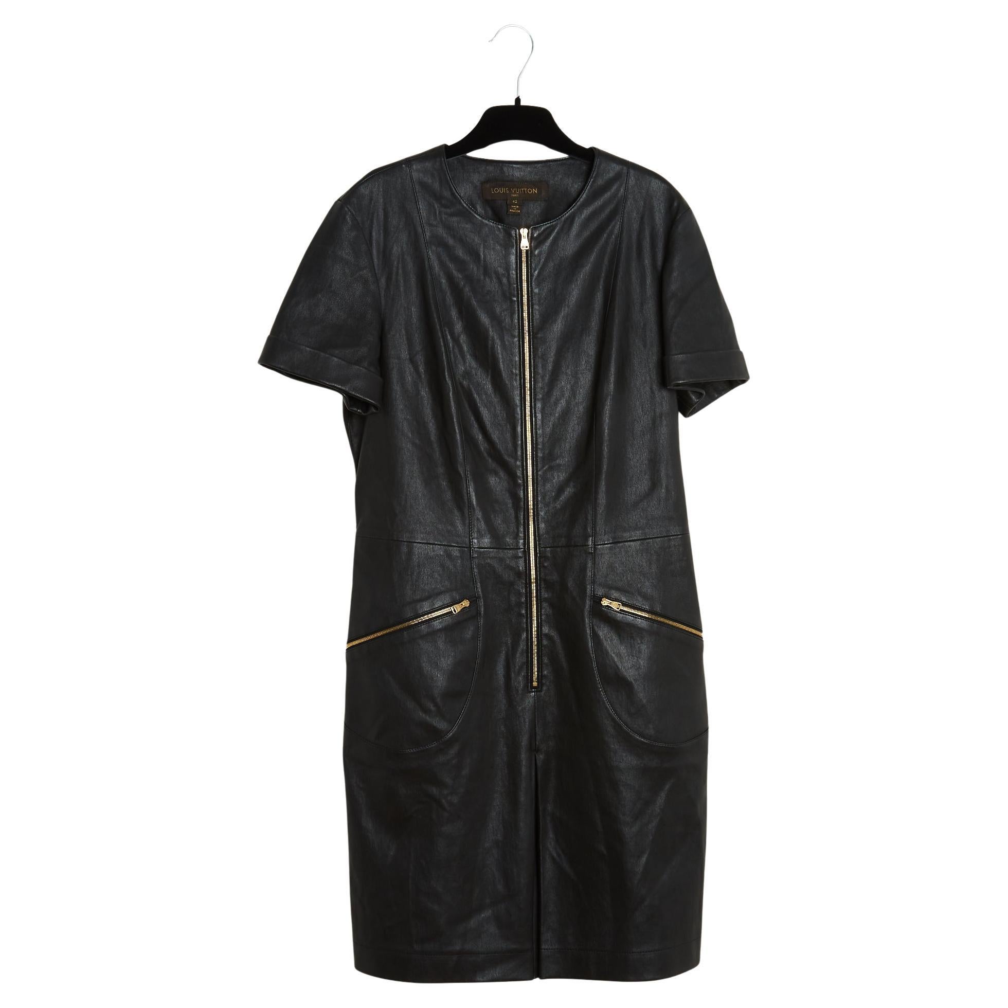 Louis Vuitton Robe Cuir Noir FR42 Black Leather Minimal Dress UK14 US12