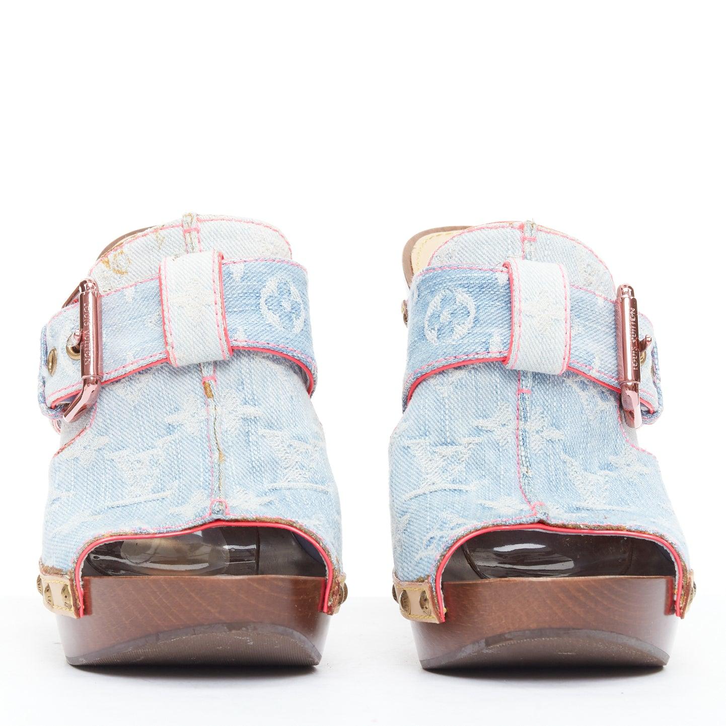 Beige LOUIS VUITTON Rosa 2010 blue denim pink stitch monogram mules EU37.5