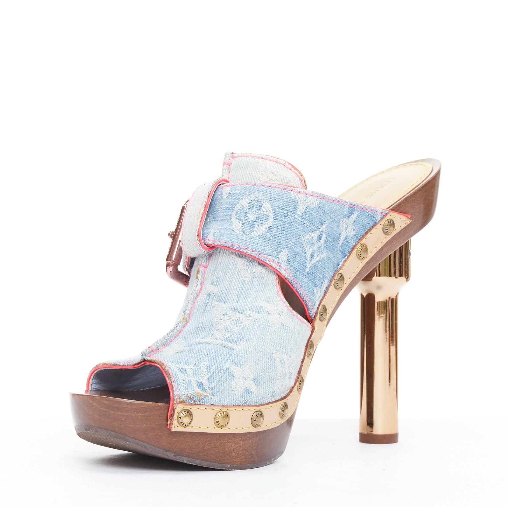 LOUIS VUITTON Rosa 2010 blue denim pink stitch monogram mules EU37.5 In Good Condition In Hong Kong, NT