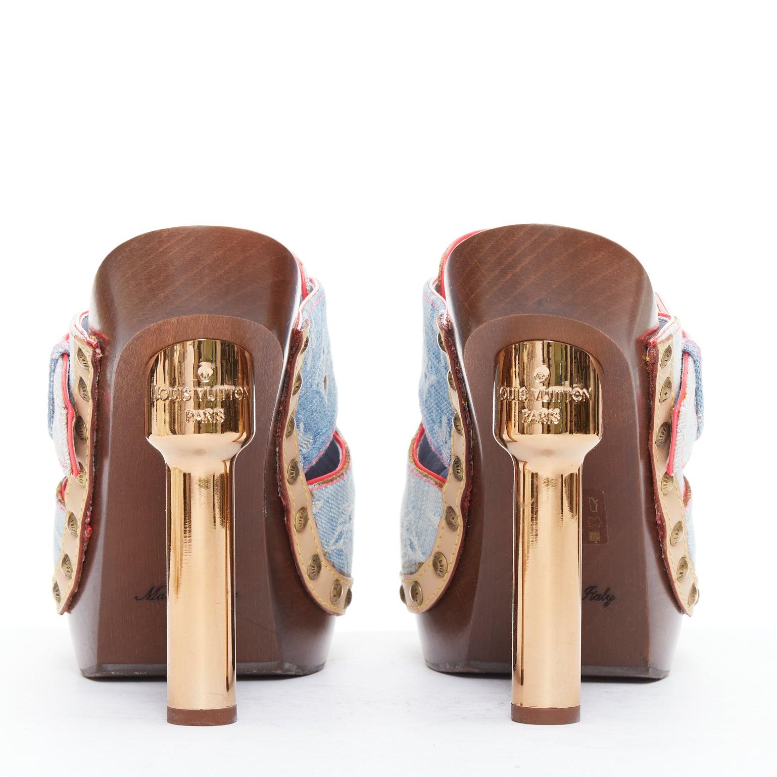 Women's LOUIS VUITTON Rosa 2010 blue denim pink stitch monogram mules EU37.5