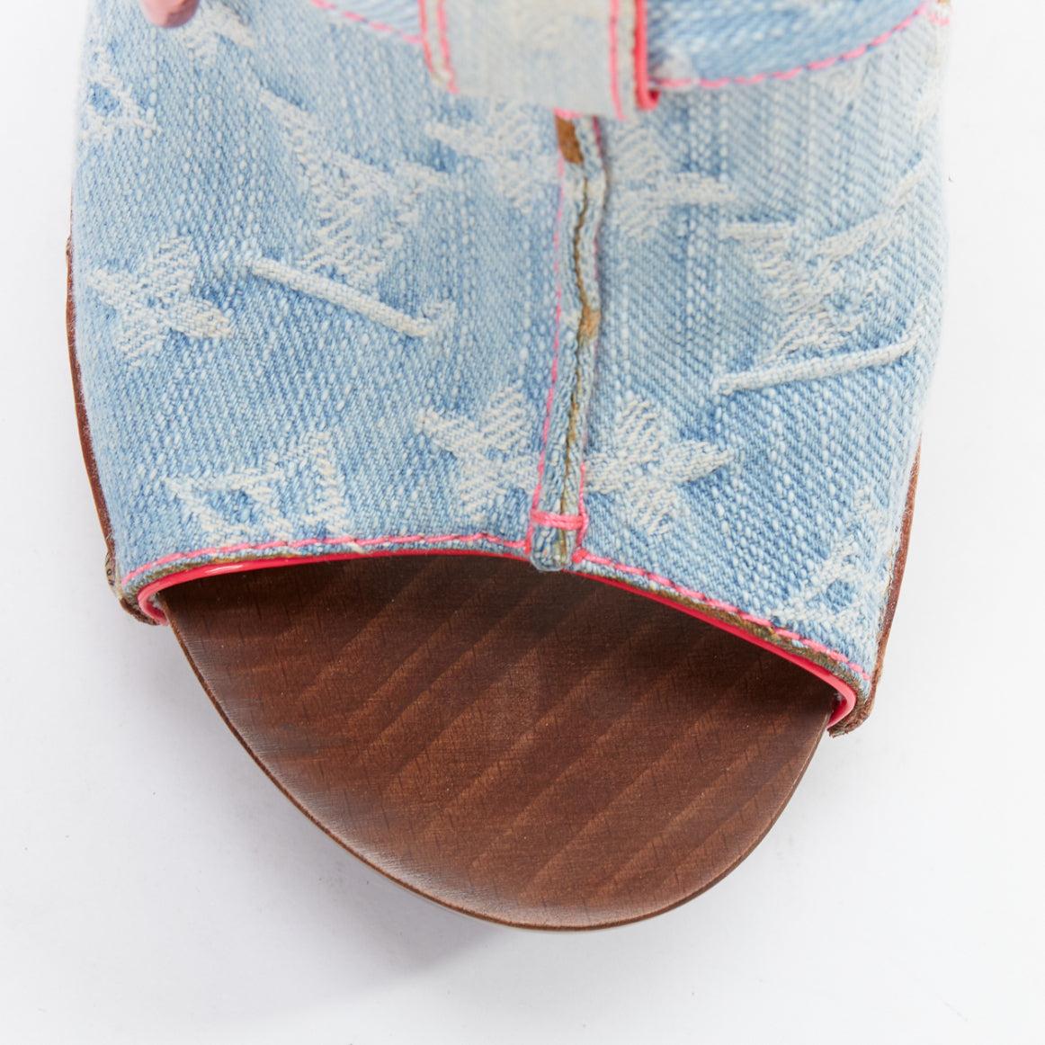 LOUIS VUITTON Rosa 2010 blue denim pink stitch monogram mules EU37.5 1