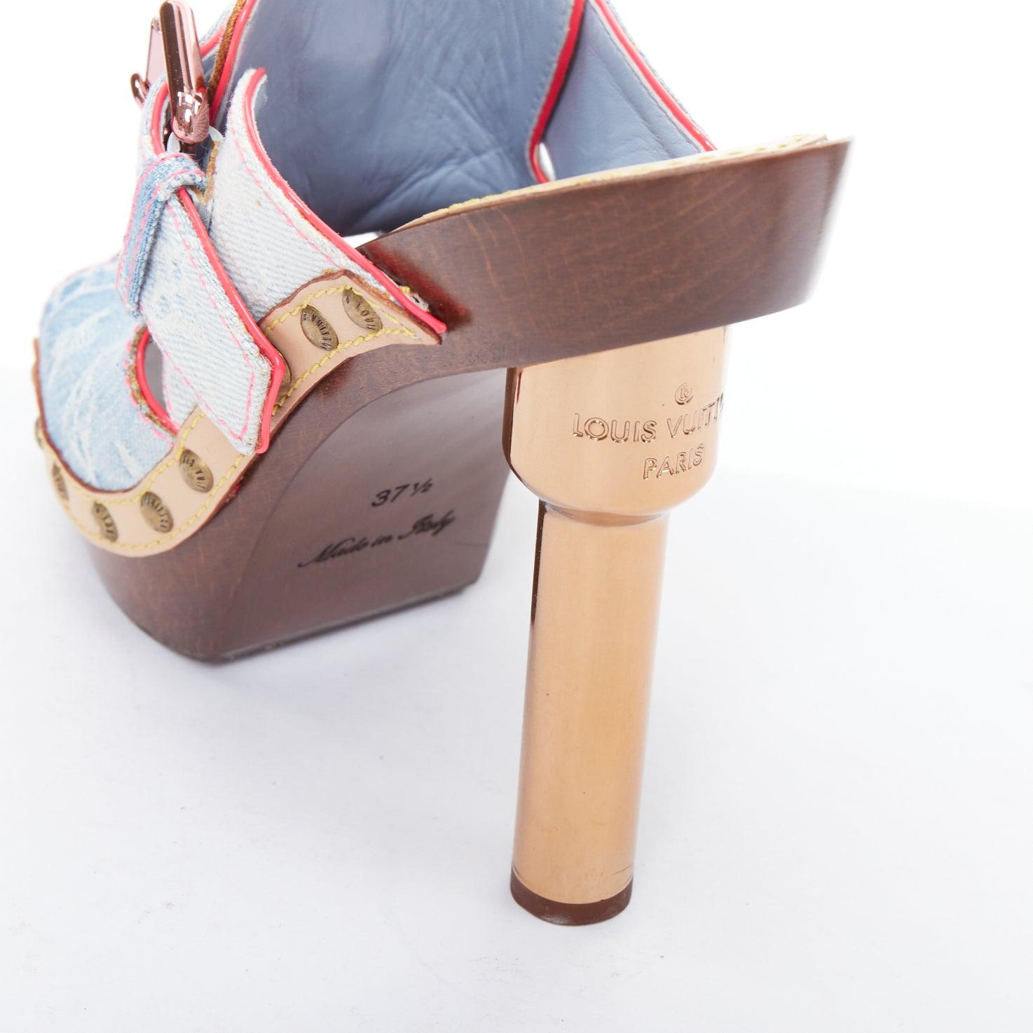 LOUIS VUITTON Rosa 2010 blue denim pink stitch monogram mules EU37.5 3
