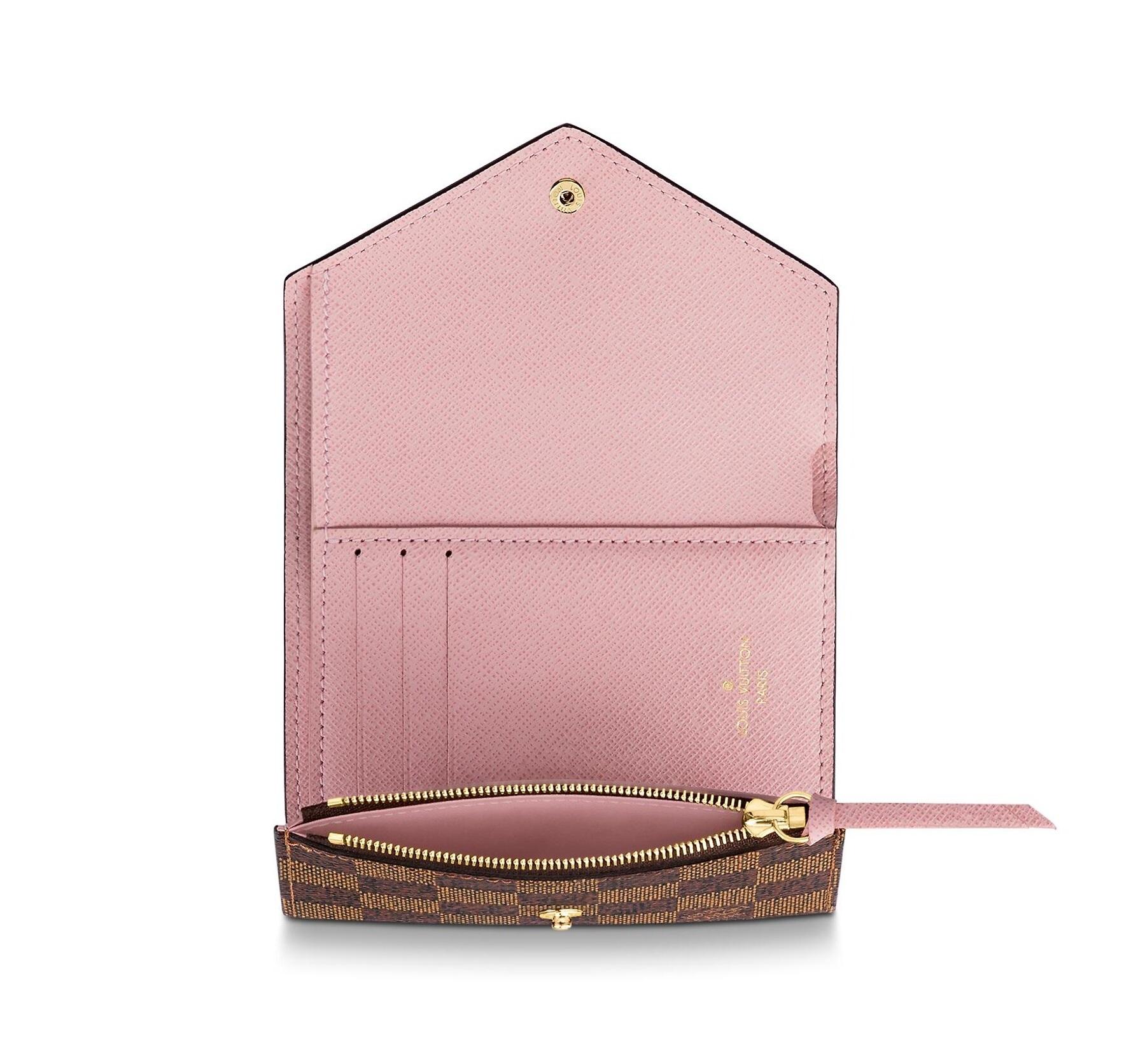 Brown Louis Vuitton Rose Ballerine Pink Damier Ebene Canvas Victorine Wallet For Sale