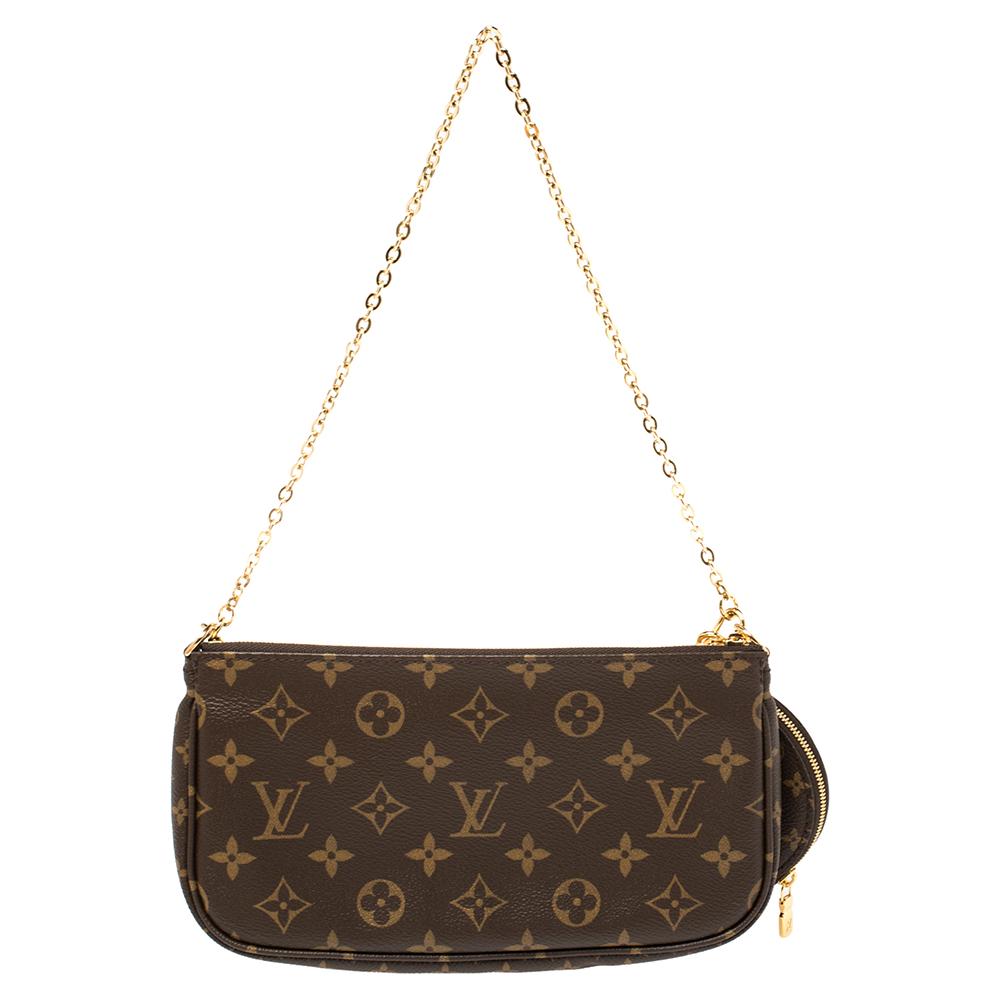 Louis Vuitton's Multi Pochette Accessoires is a result of merging the brand's loved Pochette Accessoires with a mini-sized Pochette Accessoires and a circular coin purse. Crafted using monogram canvas, the bag can be held by the gold-tone chain or