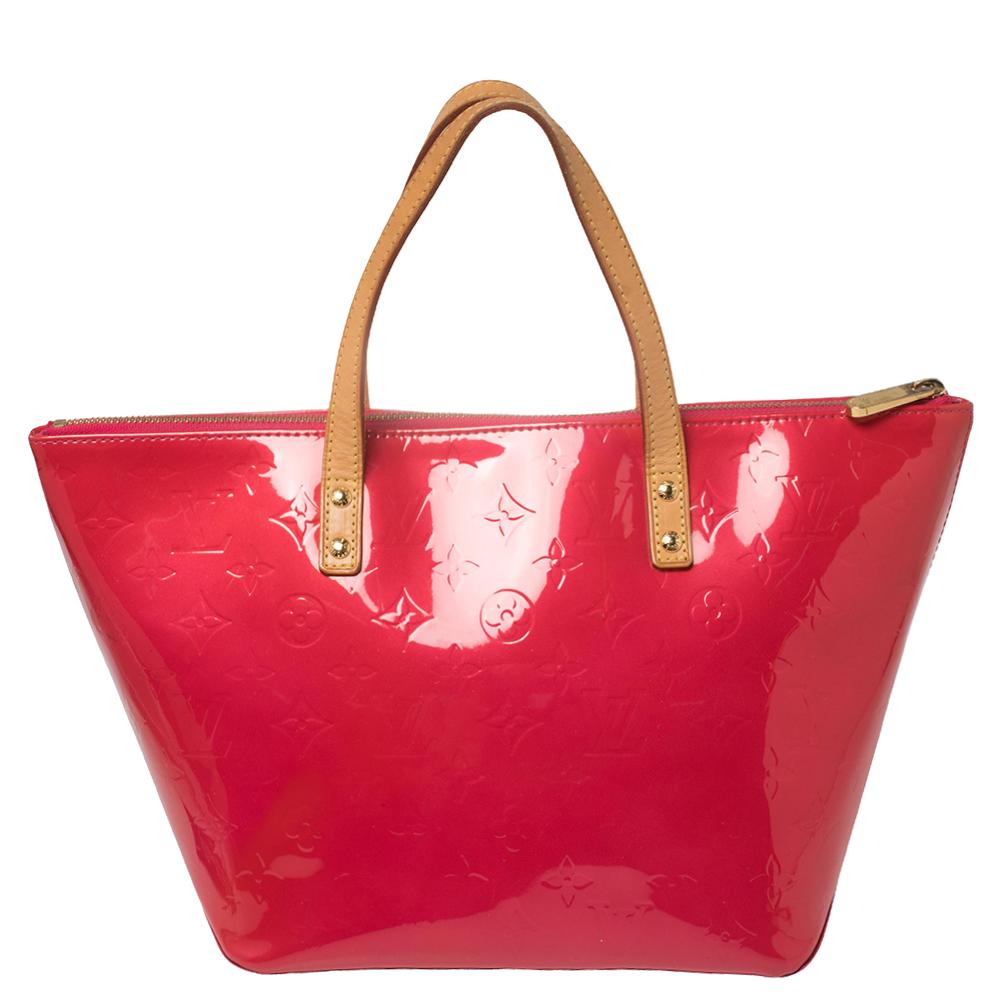 Red Louis Vuitton Rose Pop Monogram Vernis Bellevue PM Bag