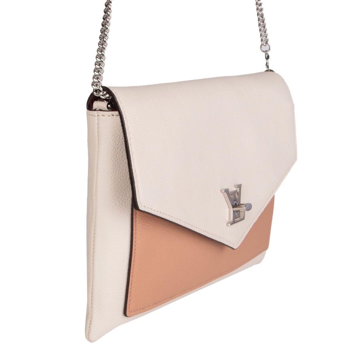 Louis Vuitton 'Pochette Mylockme' in Rose Silk pink, Quartz white and Calla burgundy supple calf leather. Detachable wristlet and chain strap. Closes with a turn-lock on the front. Open pocket and zipper pocket on the front under the flap. Lined in