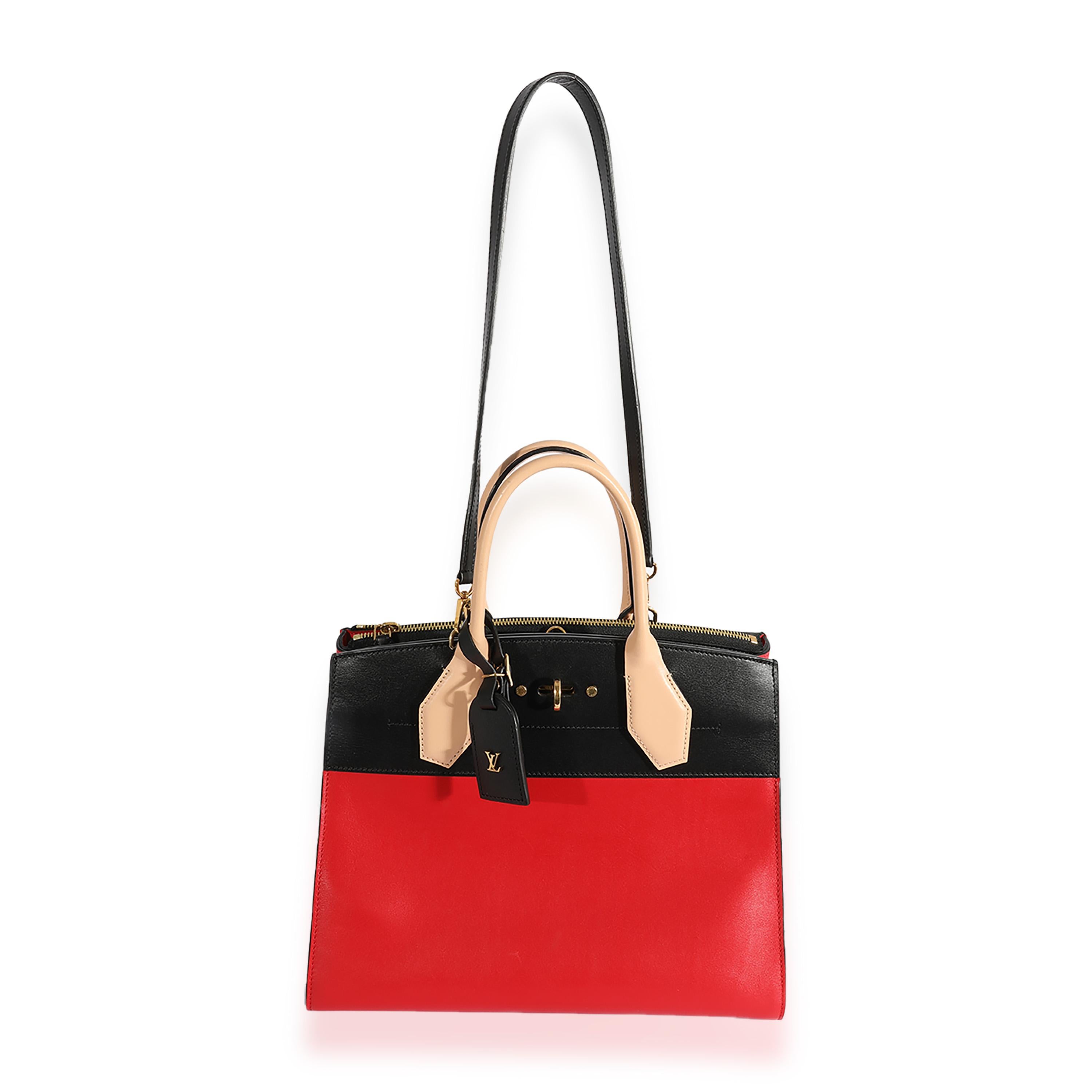 Listing Title: Louis Vuitton Rouge & Black Calfskin City Steamer MM
SKU: 123519
MSRP: 4450.00
Condition: Pre-owned 
Handbag Condition: Very Good
Condition Comments: Very Good Condition. Scuffing and faint streaking throughout leather. Light scuffing