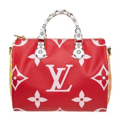 Louis Vuitton Speedy 30 Women's Authentic Pre Owned Custom Painted Handbag Dual Top Handles Brown, Red Luxury Monogram Canvas