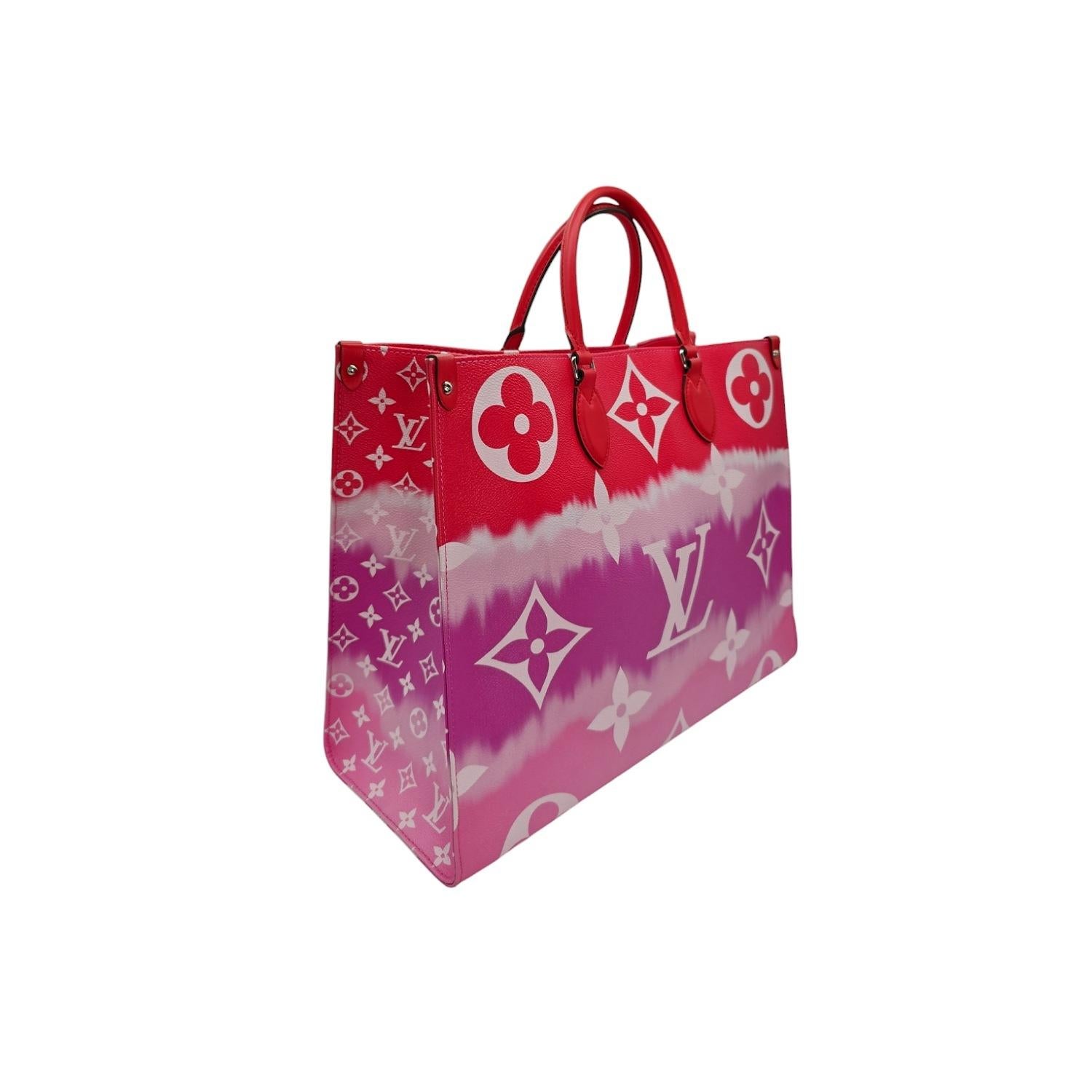 Experience luxury at its finest with the Louis Vuitton Giant Escale Onthego GM Tote. This stunning bag features a vibrant rouge and pink tie-dye coated canvas with oversized and smaller versions of the iconic LV monogram. Its spacious interior and