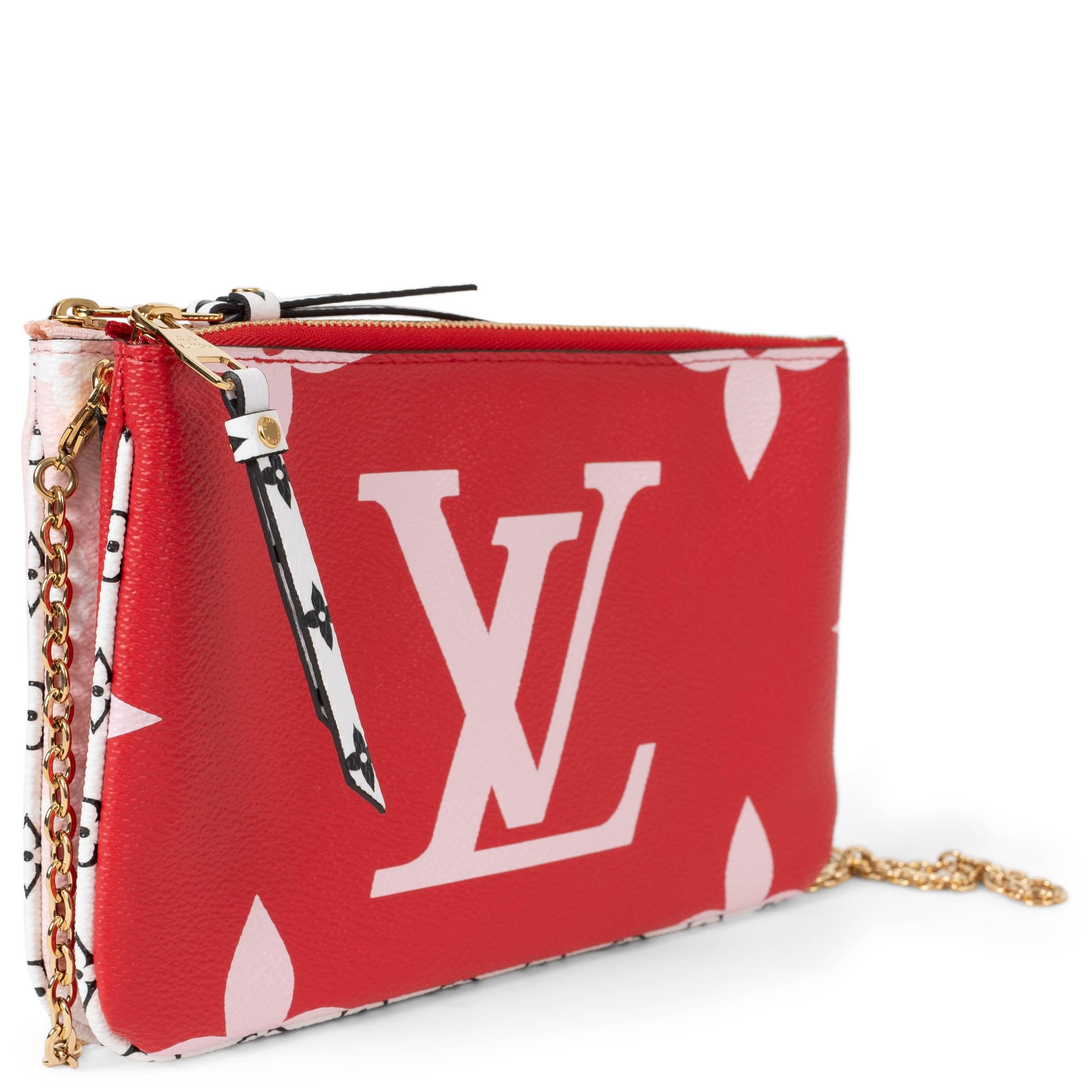 This 100% authentic Louis Vuitton Double Zip Pochette shoulder bag is a vibrant Limited Edition piece crafted in a bold mix of patterns. One side features Rouge (red) and pink Monogram Giant, while the other showcases pink and white Monogram, all
