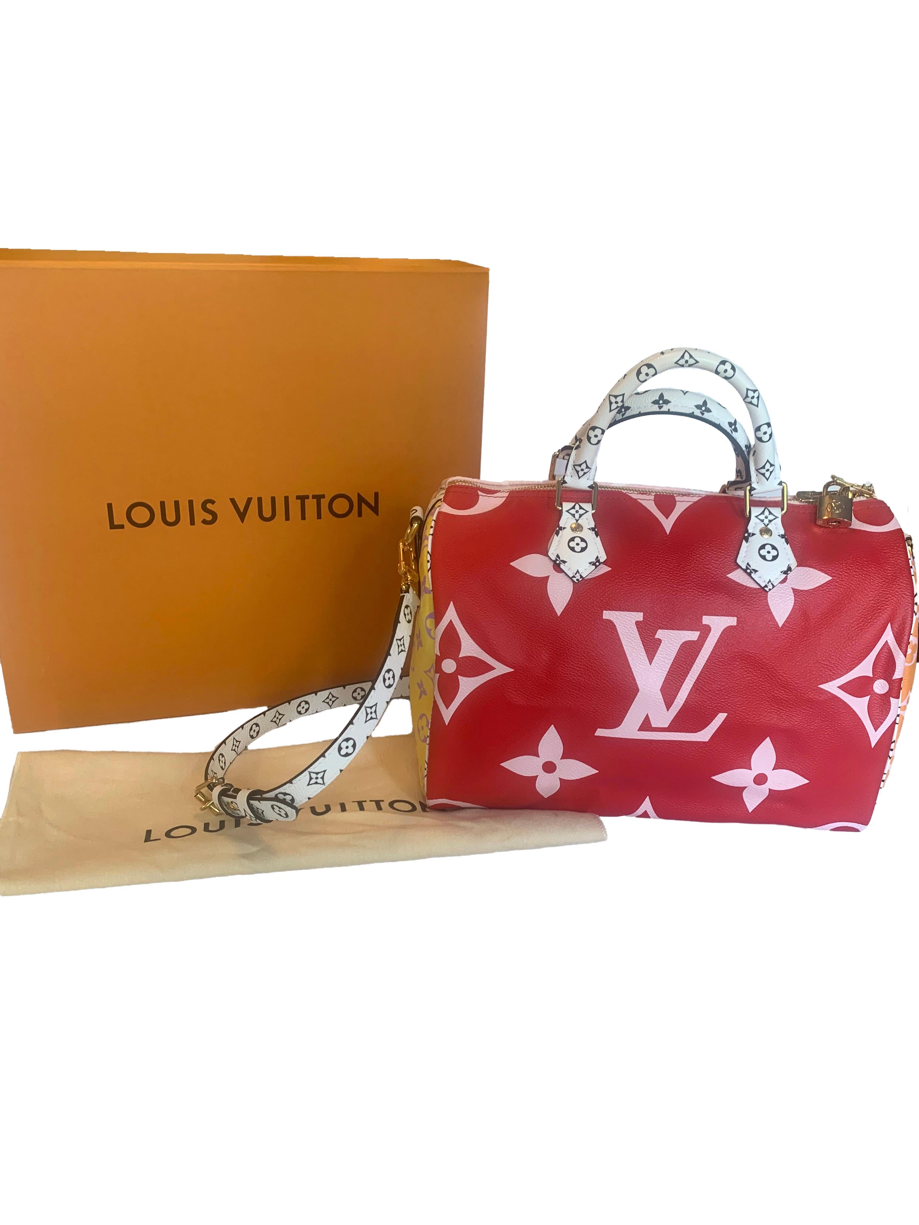 Louis Vuitton Limited Edition Rouge Red & Pink Monogram Giant Speedy Bandouliere 30 Crossbody Bag

Made In: France
Year of Production: 2019
Color: Red and pink with orange, yellow, purple, black, and white
Hardware: Goldtone
Materials: Coated