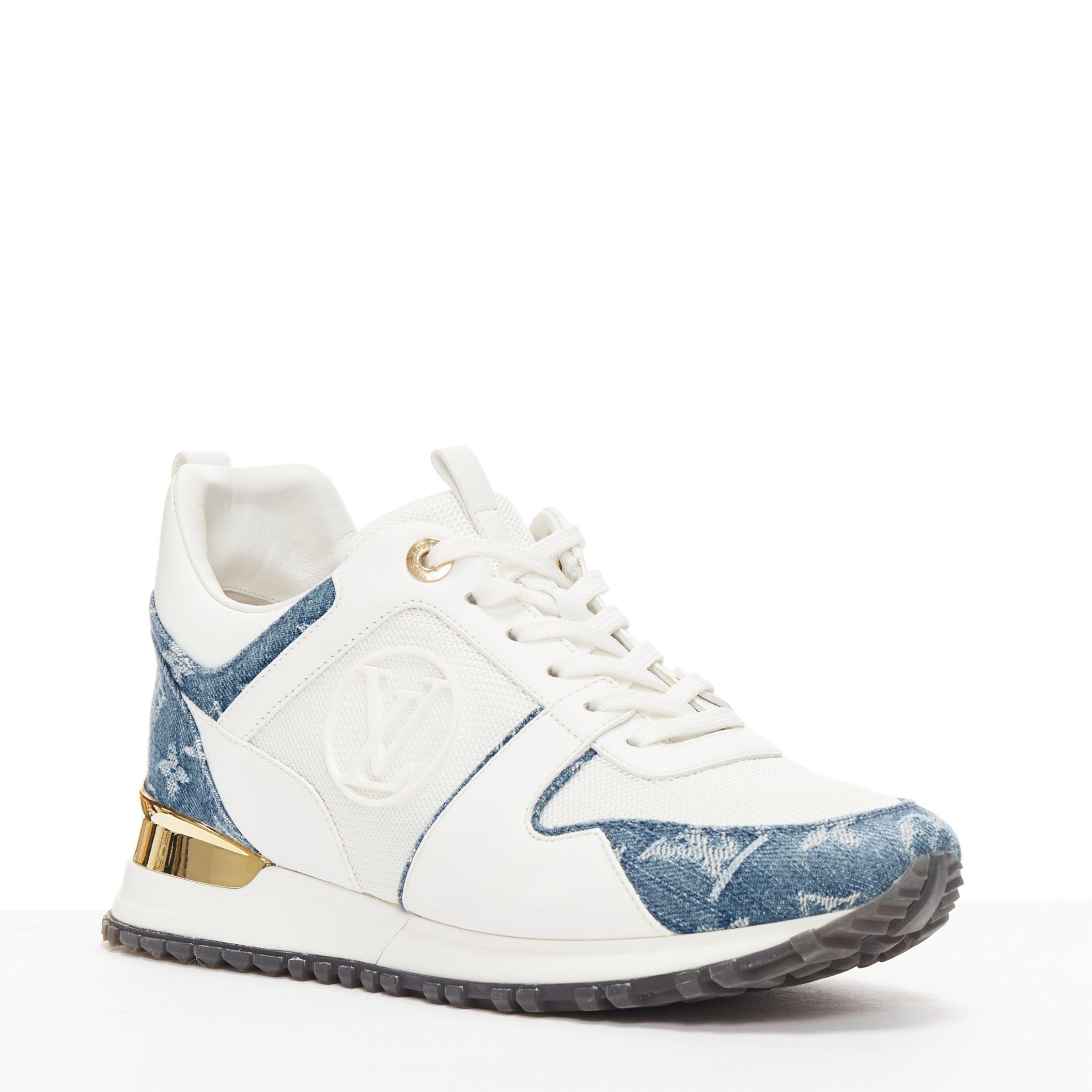 LOUIS VUITTON Run Away blue denim LV monogram white logo wedged sneakers EU37.5
Reference: AAWC/A01169
Brand: Louis Vuitton
Model: Run Away
Material: Leather, Mesh, Denim
Color: White, Blue
Pattern: Monogram
Closure: Lace Up
Lining: White