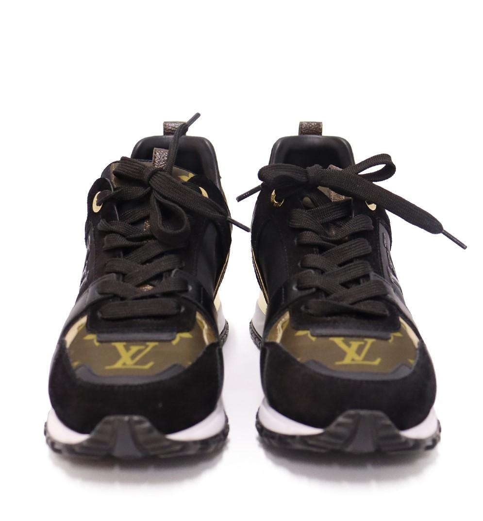 Louis Vuitton Run Away Sneaker, Features a Suede calf leather, patent Monogram canvas, rubber outsole and a technical outsole with a hidden fusbet for extra height and an eye-catching gold-tone metal stabilizer.

Material: Leather
Size: EU