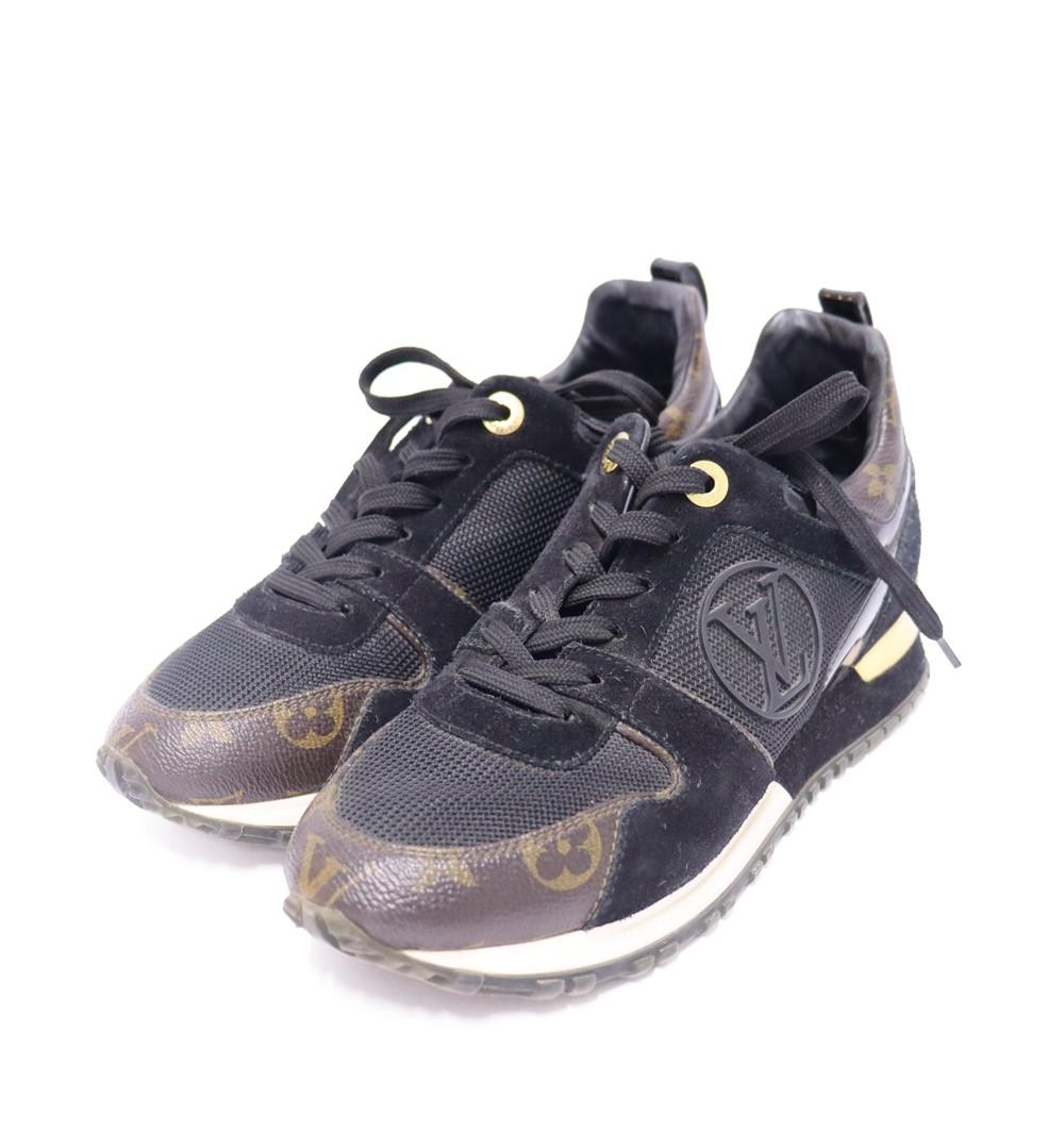 Louis Vuitton Run Away Sneakers, Features a Suede calf leather, patent Monogram canvas, rubber outsole and a technical outsole with a hidden fusbet for extra height and an eye-catching gold-tone metal stabilizer.

Material: Leather and suede
Size: