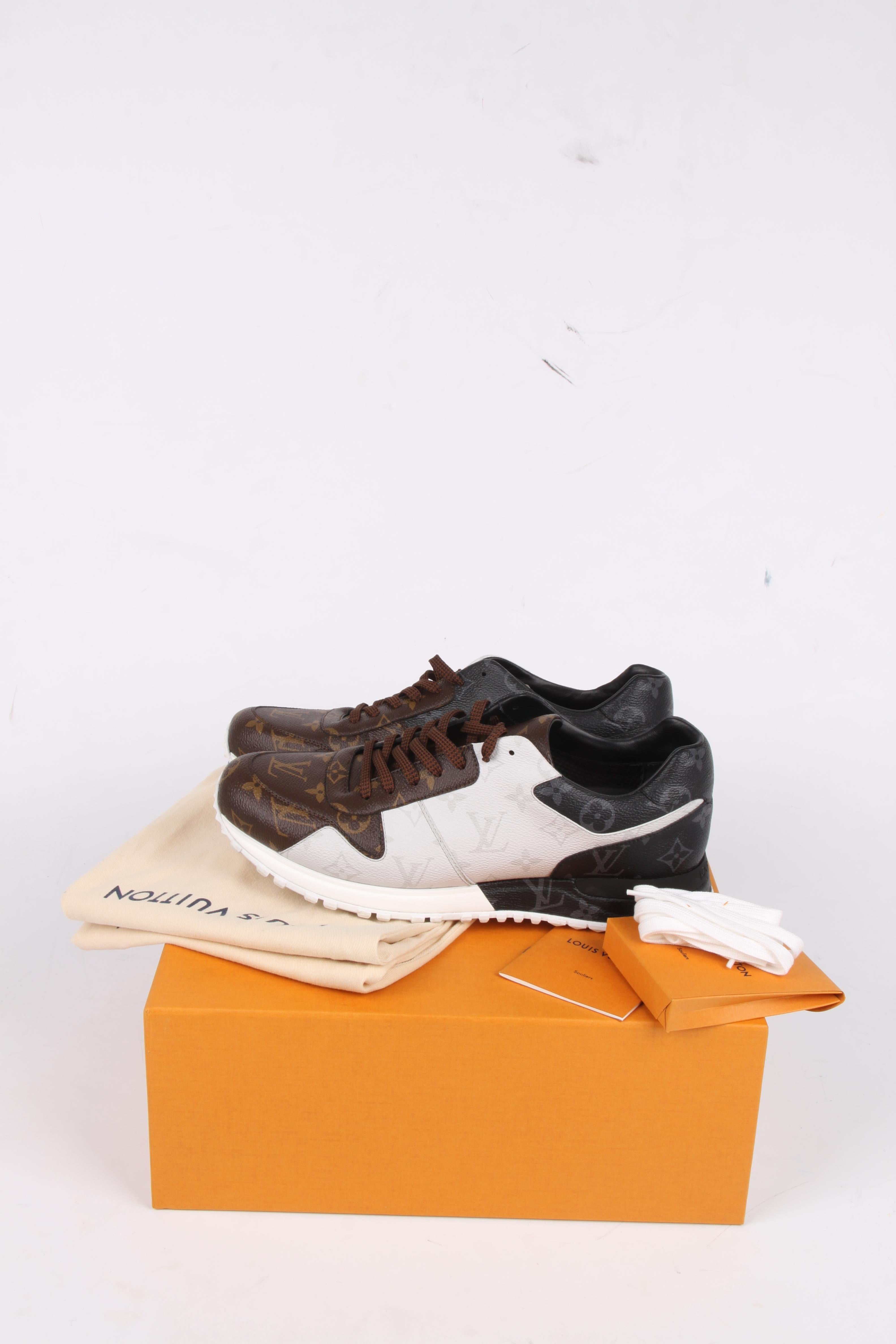 Super sturdy sneakers by Louis Vuitton; these are the so-called Run Away Trainers.

Of course crafted from canvas covered with monograms. Pay attention! This time the canvas is black and grey, brown and beige and white and grey. Very special.

Brown