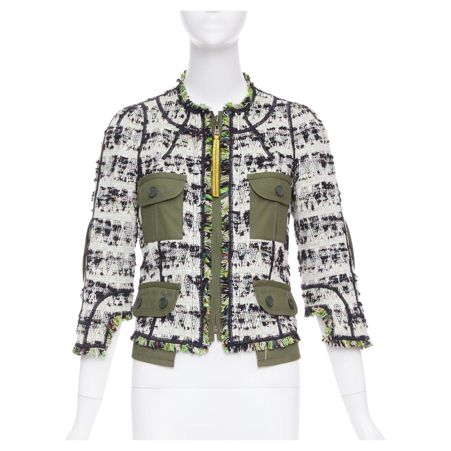 LOUIS VUITTON Runway Fleury khaki cotton tweed leather trim safari jacket FR34