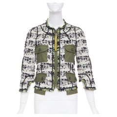 LOUIS VUITTON Runway Fleury khaki cotton tweed leather trim safari jacket FR34