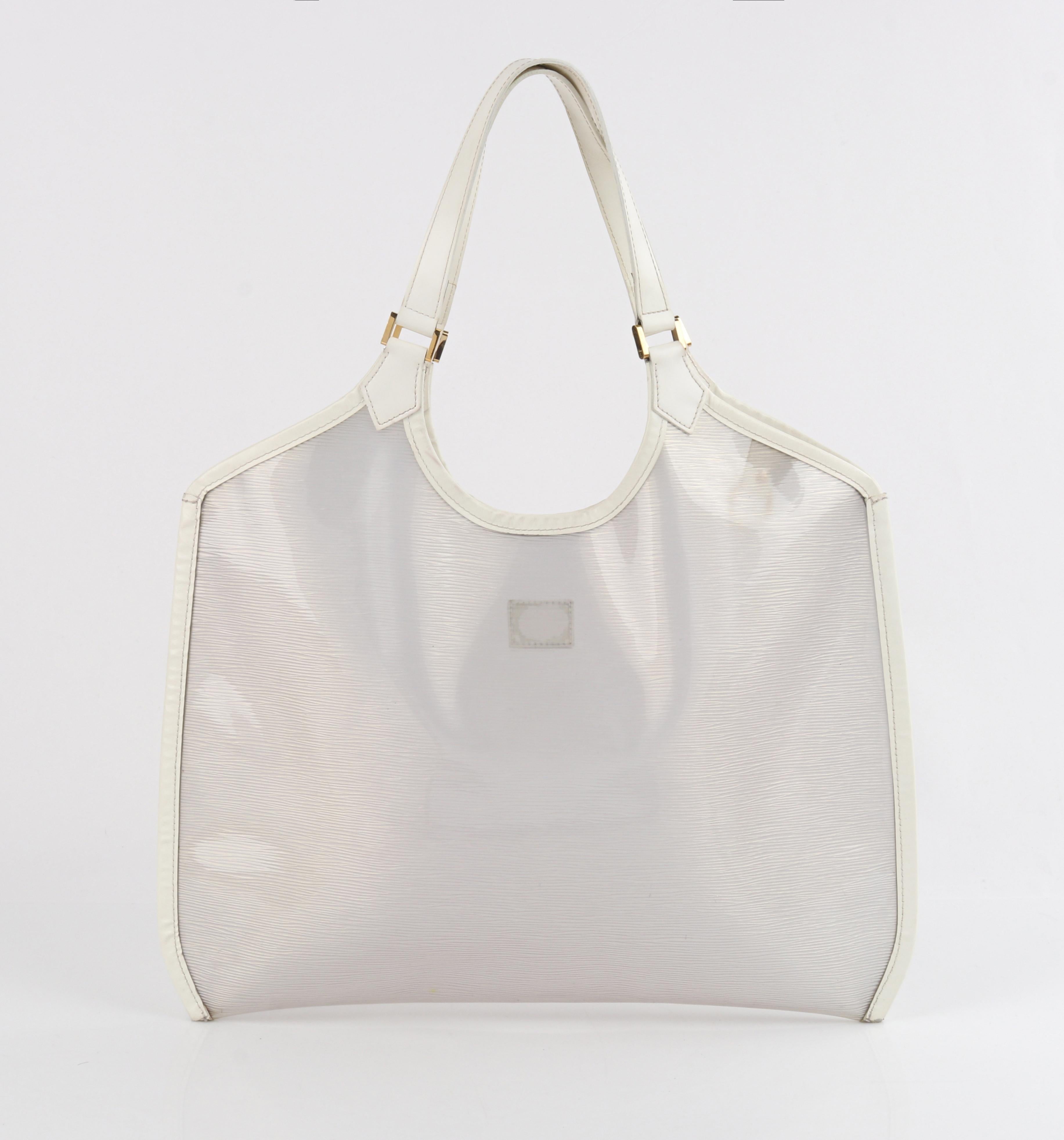 Brand / Manufacturer: Louis Vuitton
Collection: Spring 2001
Designer: Marc Jacobs
Manufacturer Style Name: Translucent Epi Baia Plage
Style: Tote bag
Color(s): Shades of white, iridescent clear
Lined: No
Unmarked Fabric Content (feel of): Epi