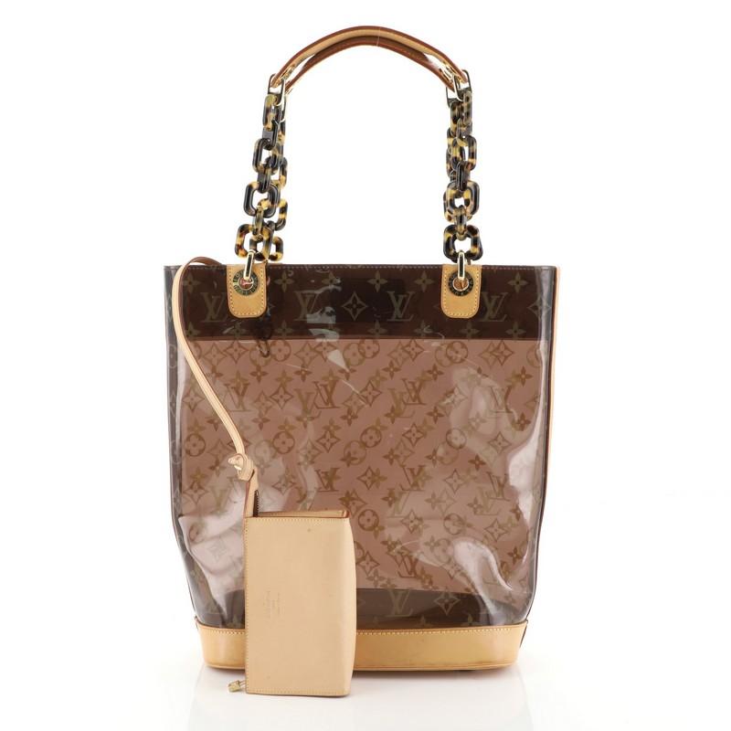 This Louis Vuitton Sac Ambre Handbag Monogram Vinyl MM, crafted from brown monogram vinyl, features tortoiseshell-patterned lucite straps, protective base studs, and gold-tone hardware. It opens to a brown monogram vinyl interior. Authenticity code
