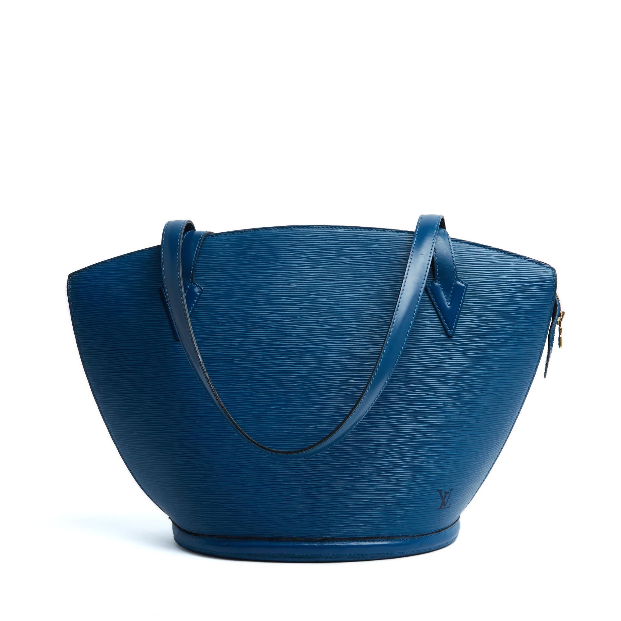 Louis Vuitton Saint Jacques bag in blue epi leather, blue suede or suede interior with a zipped pocket and a key ring, all closed by a zip with a logo pull, 2 long handles for shoulder wear. Width (at the top) 44 cm x height 30 cm x depth 16.5 cm