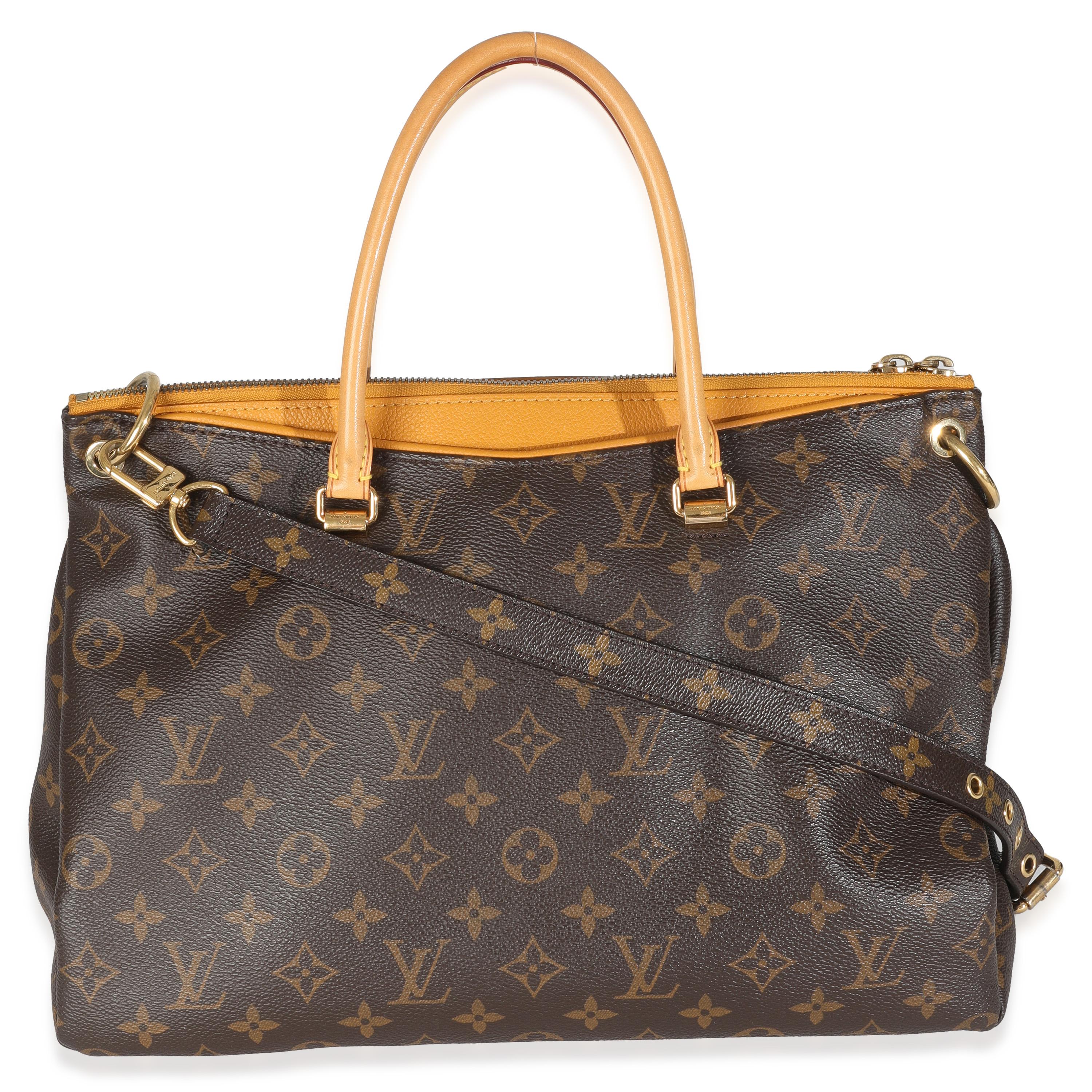 Listing Title: Louis Vuitton Saffron Monogram Canvas Pallas MM
SKU: 146655
Condition: Pre-owned 
Handbag Condition: Very Good
Condition Comments: Item is in very good condition with minor signs of wear.  Scuffing and marks along exterior. Scratching