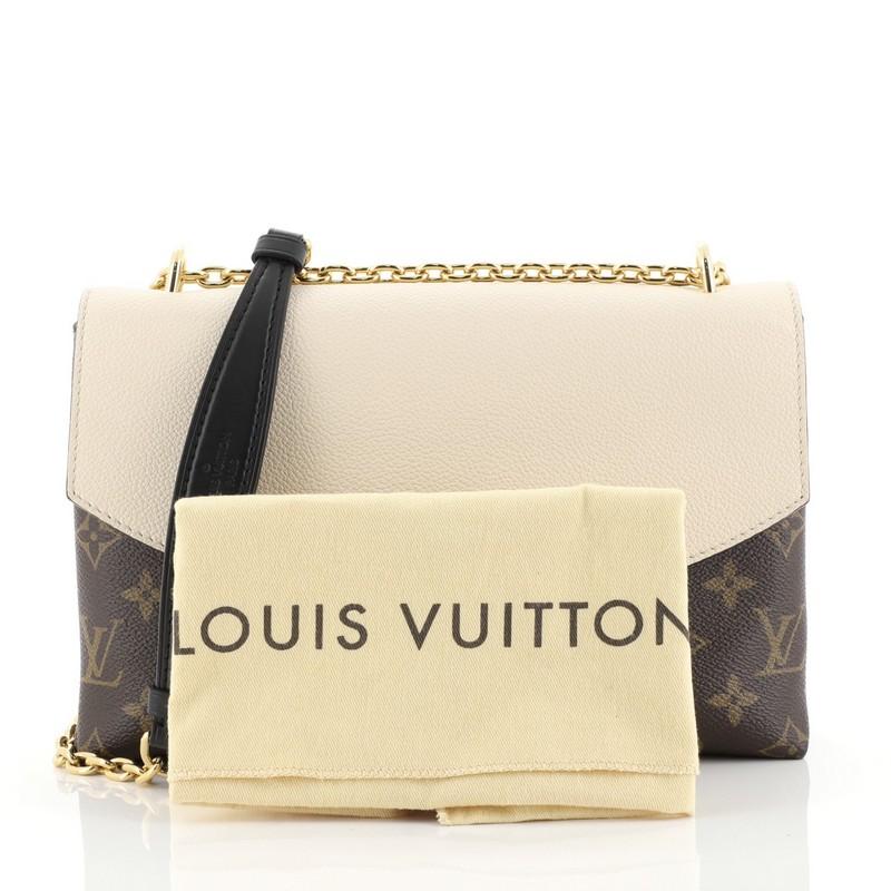 This Louis Vuitton Saint Placide Handbag Monogram Canvas and Leather, crafted in brown monogram coated canvas and neutral leather, features sliding chain link shoulder strap with leather pad and gold-tone hardware. Its flip-lock closure opens to a