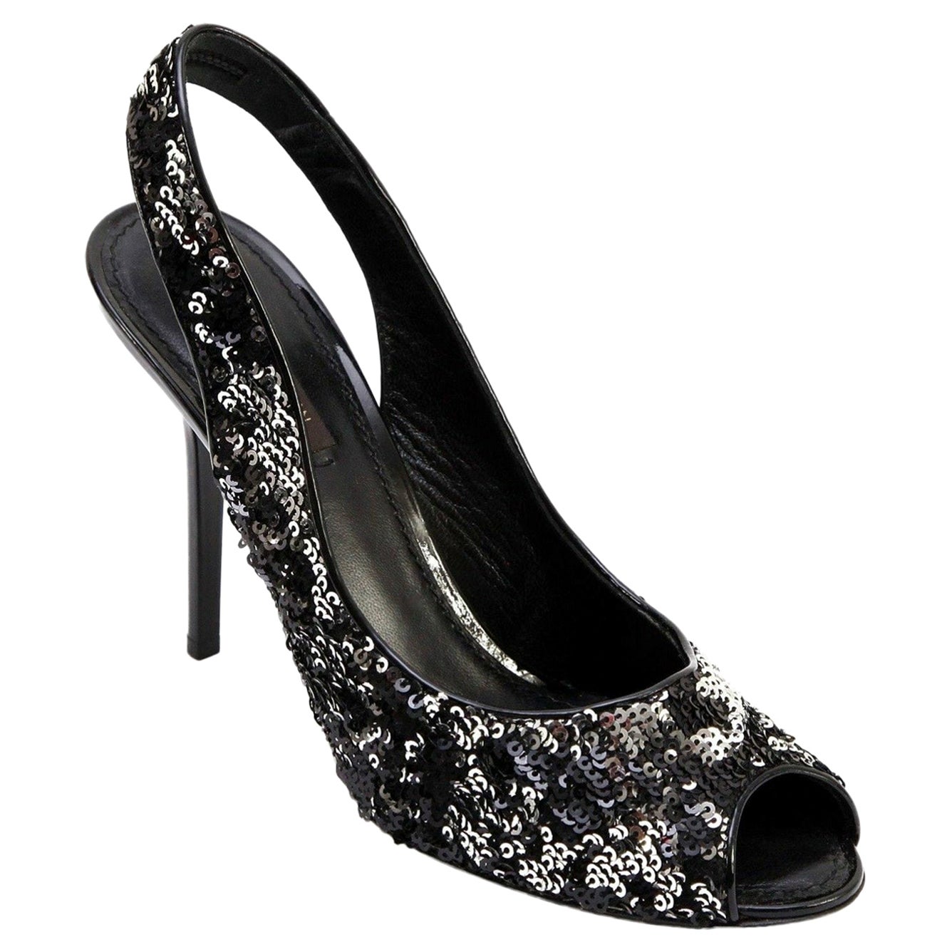 LOUIS VUITTON Sandal Pump Slingback Peep Black Silver Leather Sequin LIZA 37.5 For Sale