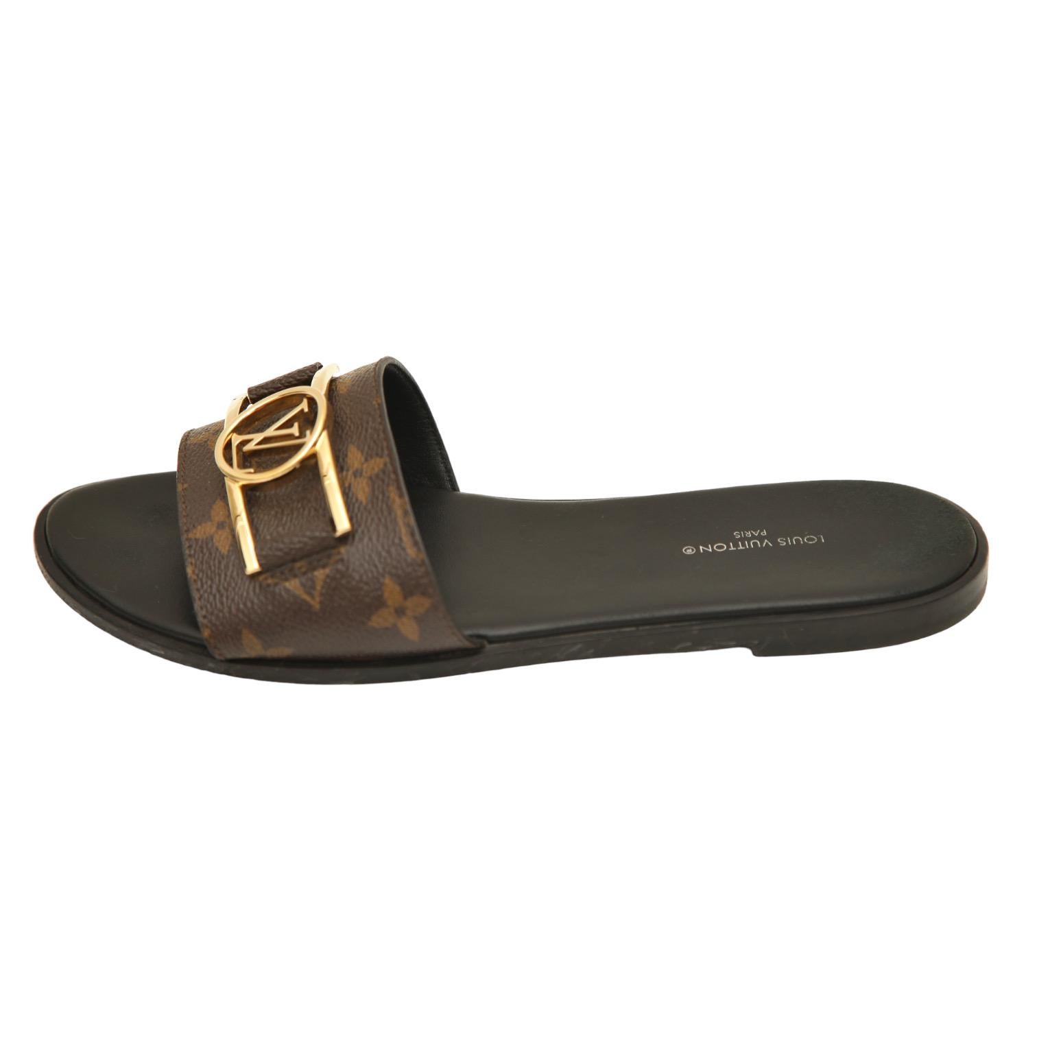 LOUIS VUITTON Sandal Slide LOCK IT Flat Mule Monogram Canvas Leather Sz 38 $980 In Good Condition In Hollywood, FL