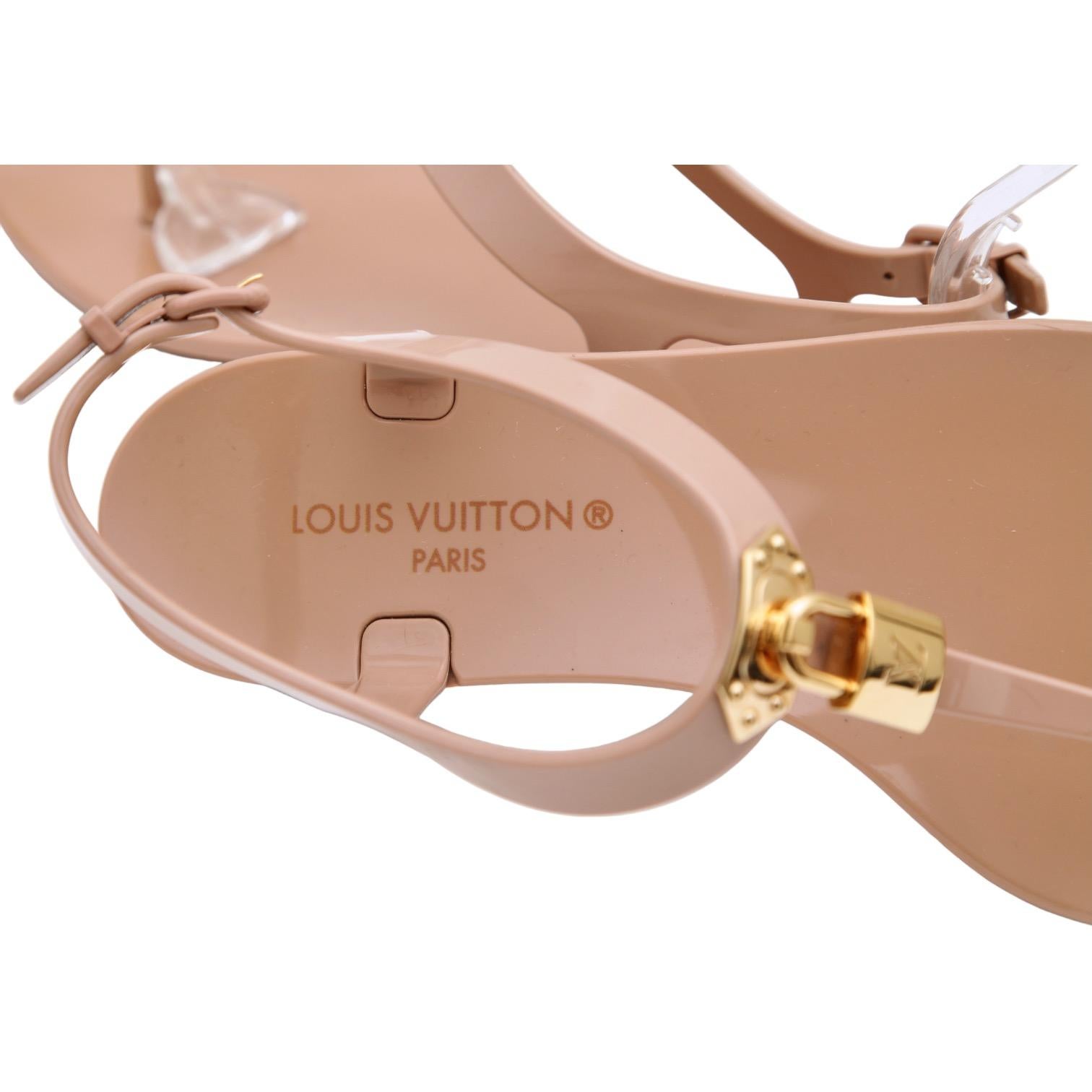 LOUIS VUITTON Sandals Flat Beige Thong Rubber BIKINI Gold HW LV Padlock Sz 38 5