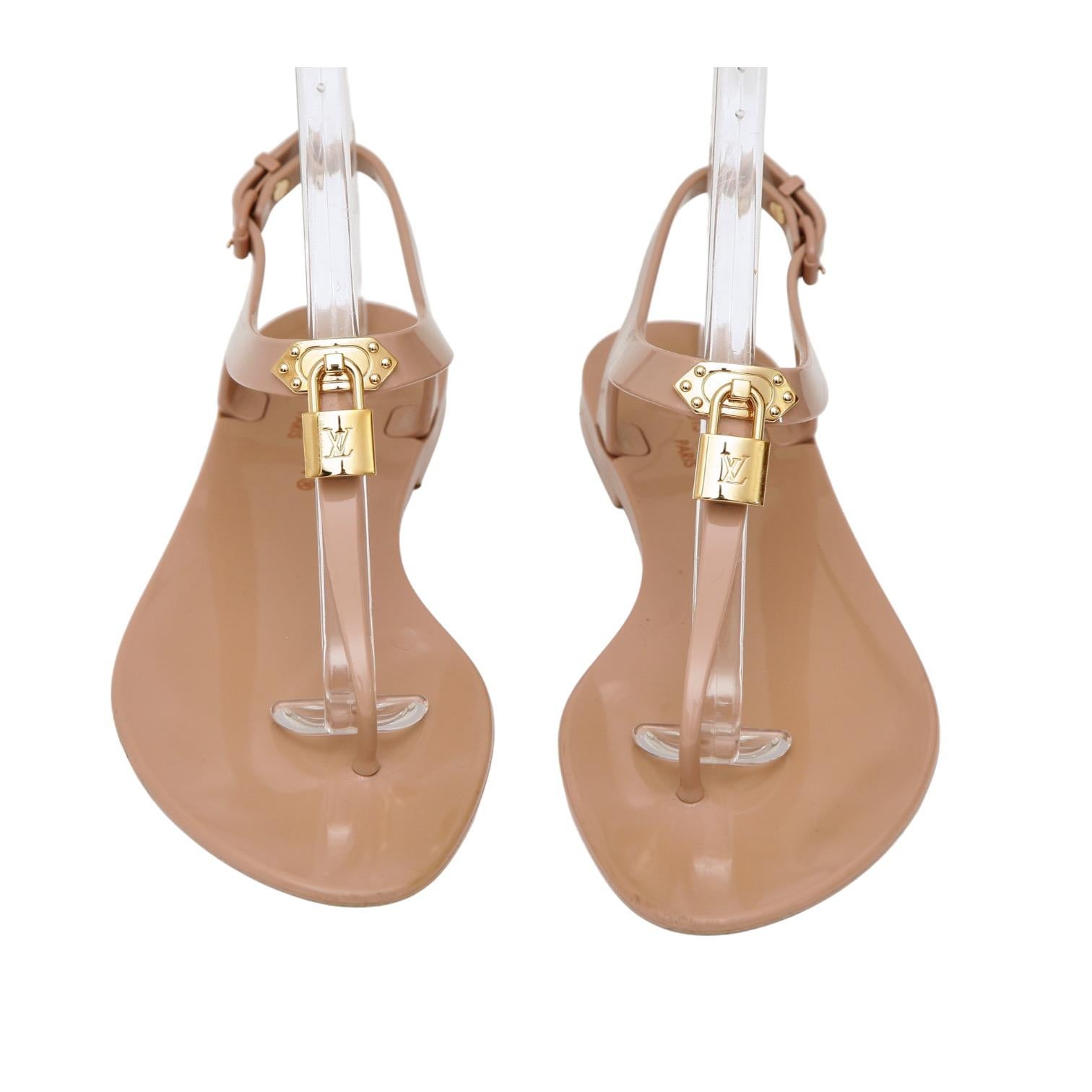 LOUIS VUITTON Sandals Flat Beige Thong Rubber BIKINI Gold HW LV Padlock Sz 38 For Sale 1